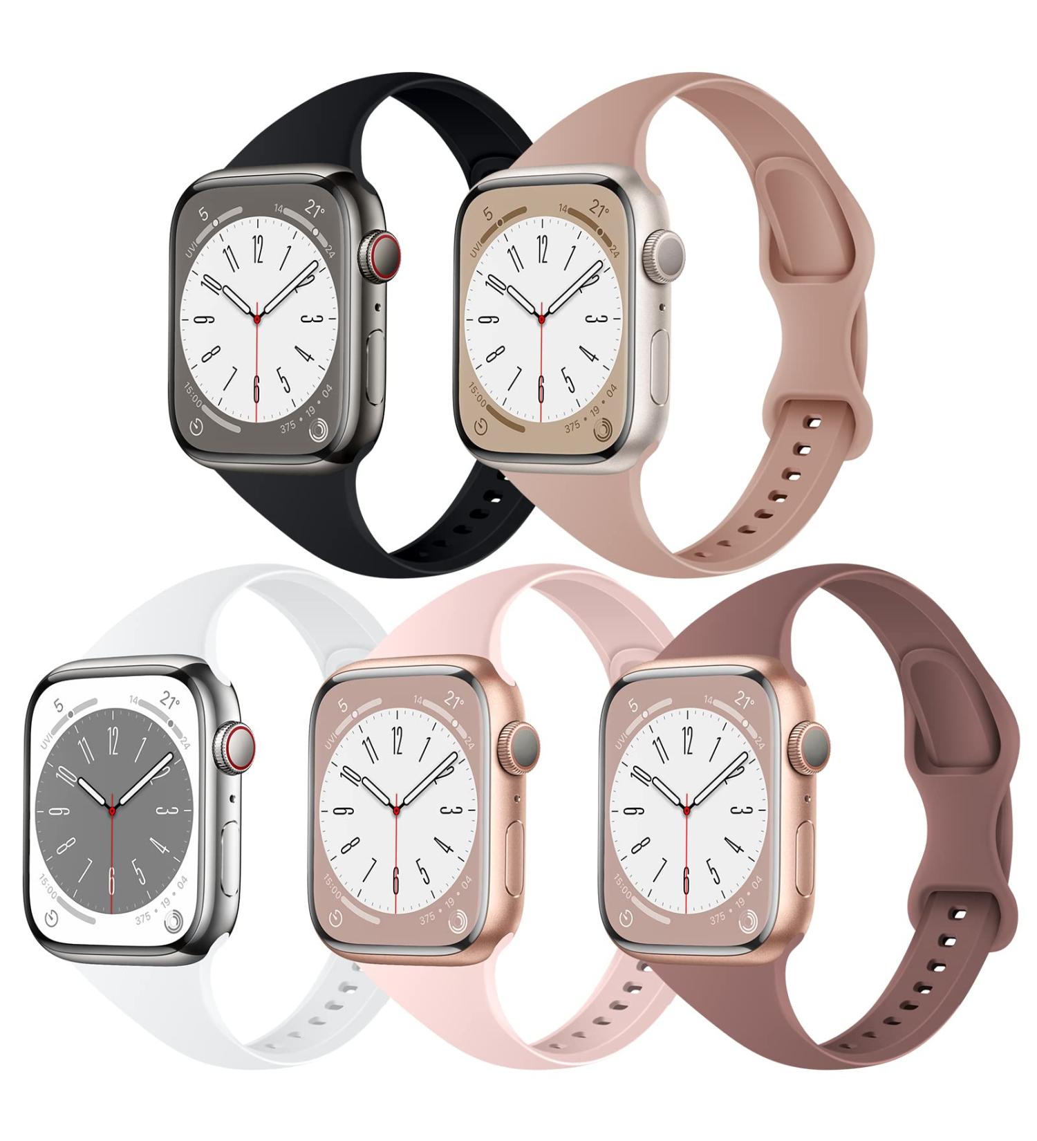 TSAAGAN 5 Pack Silicone Slim Bands for Apple Watch 38mm 42mm 40mm 44mm - Ultra-Thin Sport Strap for iWatch Series 8/7/SE/6/5/4/3/2/1 - Women Men Black/Milk Tea/White/Sand Pink/Smoke Violet - Buy Online on SooperMarket.com