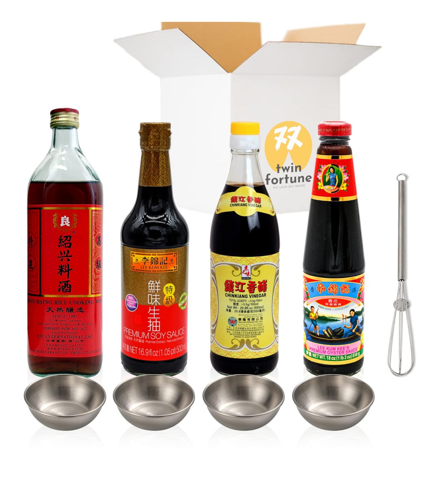 Chinese Cooking Sauces Essentials TFC101 - Key Flavors of Authentic Chinese Cuisine, Soy Sauce Black Vinegar Oyster Sauce Shaoxing Cooking Wine, 4 TwinFortune Stainless Steel Sauce Trays, 1 Whisk