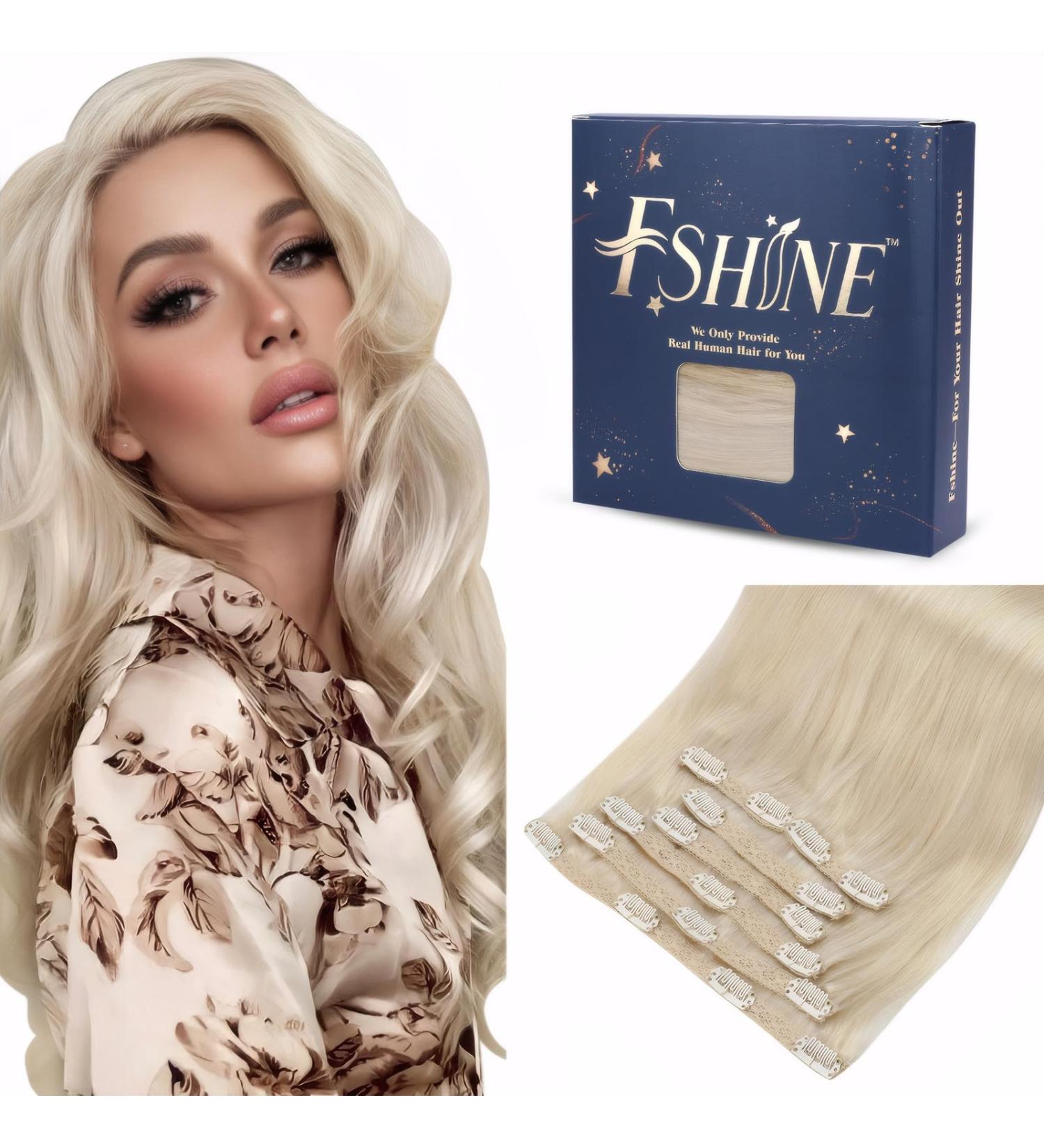 FSHINE Real Hair Clip-In Extensions - Platinblond 40cm 120g Remy 7 Pieces Invisible Clips #60 - Premium Quality Hair Extensions - Buy Online on SooperMarket.com