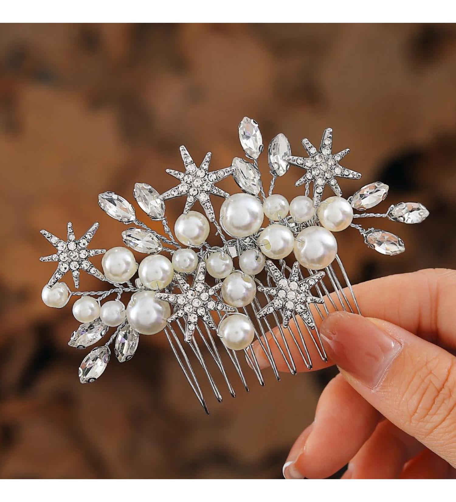Handcess Bridal Pearls Hair Comb Splitter Rhinestone Star Hair Pieces Crystal Bridal Side Combs Wedding Hair Accessories for Women and Girls - Buy Online on SooperMarket.com
