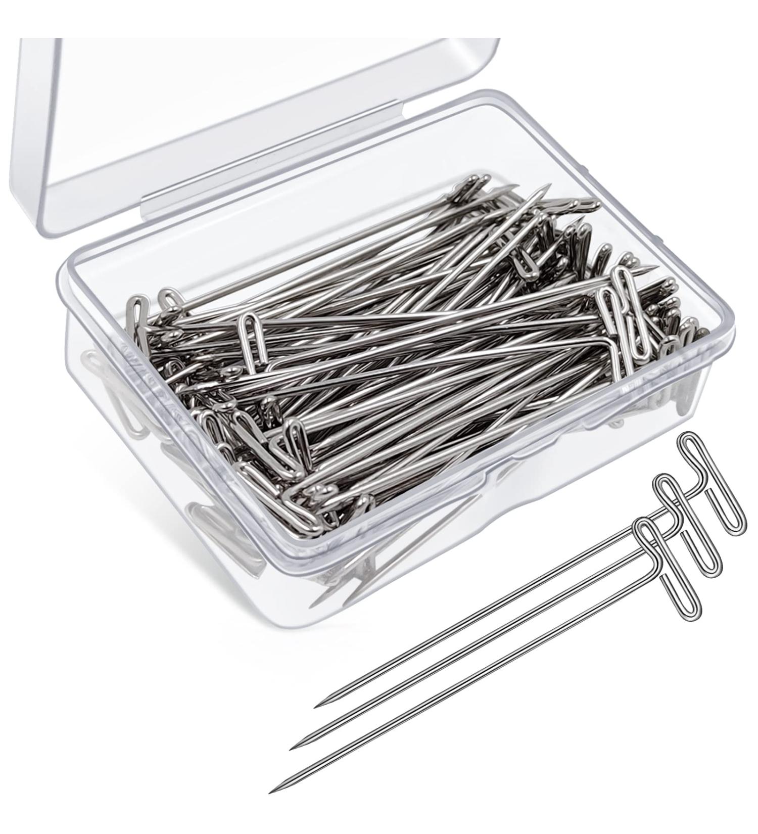 100 Pack 2 Inch Wig T-Pins with Plastic Box - Silver Steel T-Pins for Blocking Knitting, Modeling, and Crafts - Buy Online on SooperMarket.com