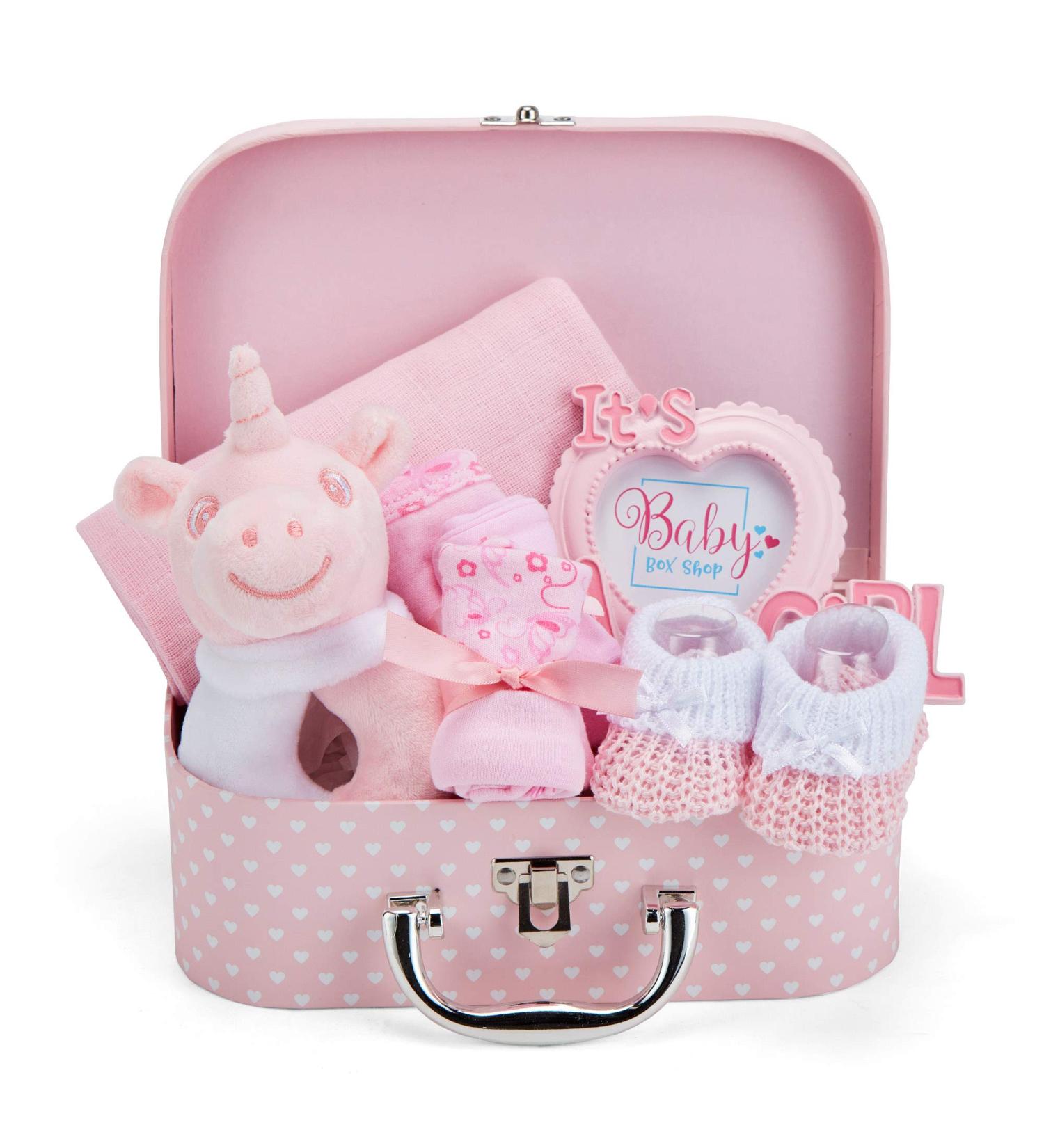 Baby Box Shop Newborn Baby Girl Gifts - 7 Essentials for Baby Girl Hamper | Baby Shower & Welcome Gifts | Pink New Born Baby Gifts - Buy Online on SooperMarket.com