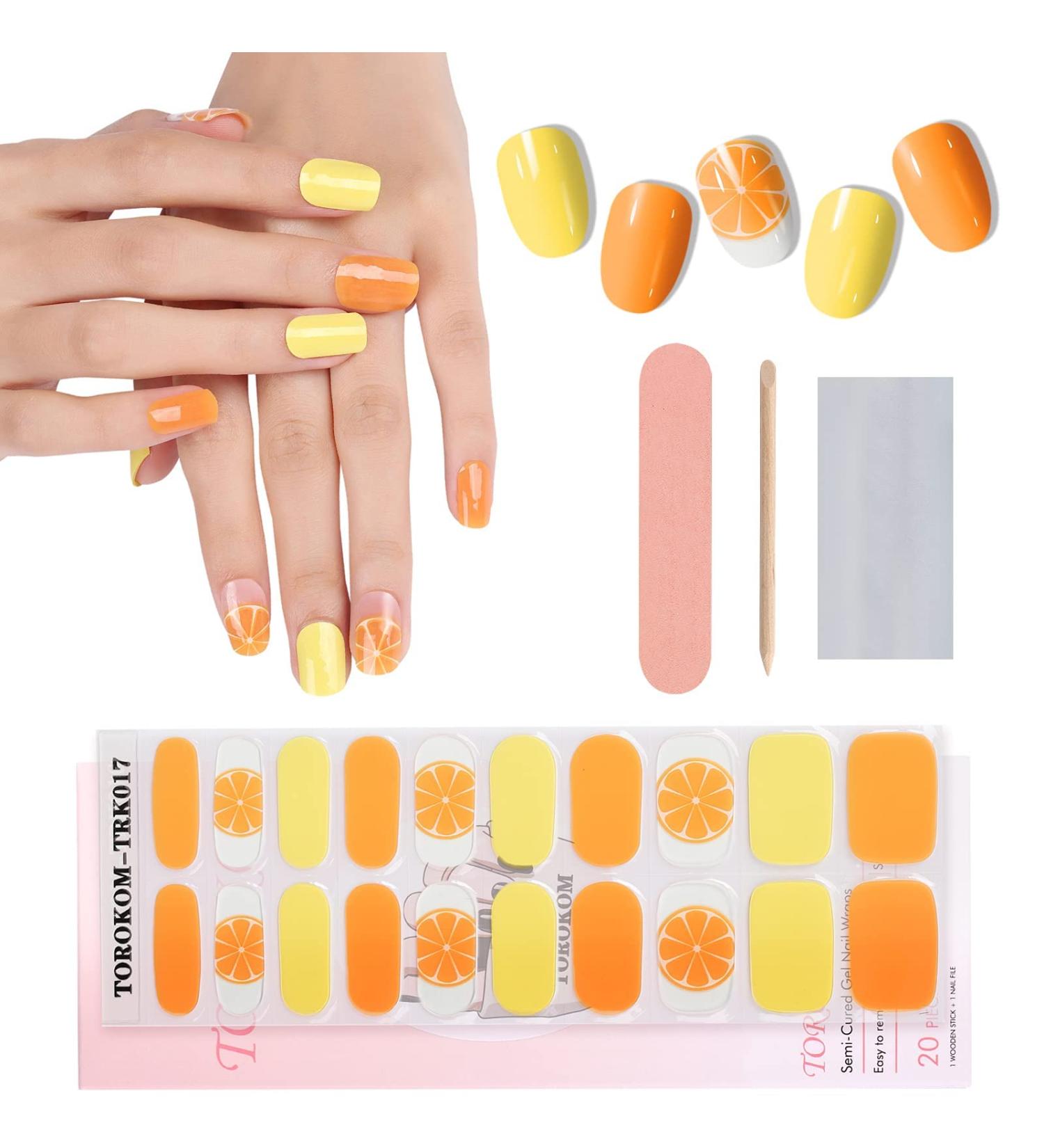 EBANKU Semi Cured Gel Nail Strips - Long Lasting Waterproof Nail Polish Wraps in Yellow and Orange | Includes Cuticle Stick, Nail File, Wipes - DIY Gel Nail Stickers - Buy Online on SooperMarket.com