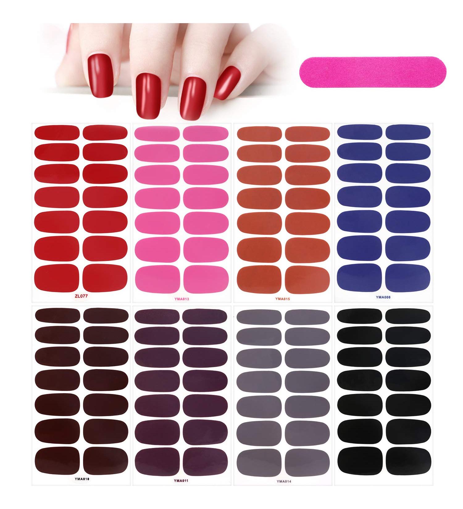 8 Sheets Solid Color Full Wraps Nail Stickers with Nail File MWOOT Self-Adhesive Nail Art Polish Stickers Strips Nail Wraps Decals for DIY Manicure Tips Decoration - Buy Online on SooperMarket.com