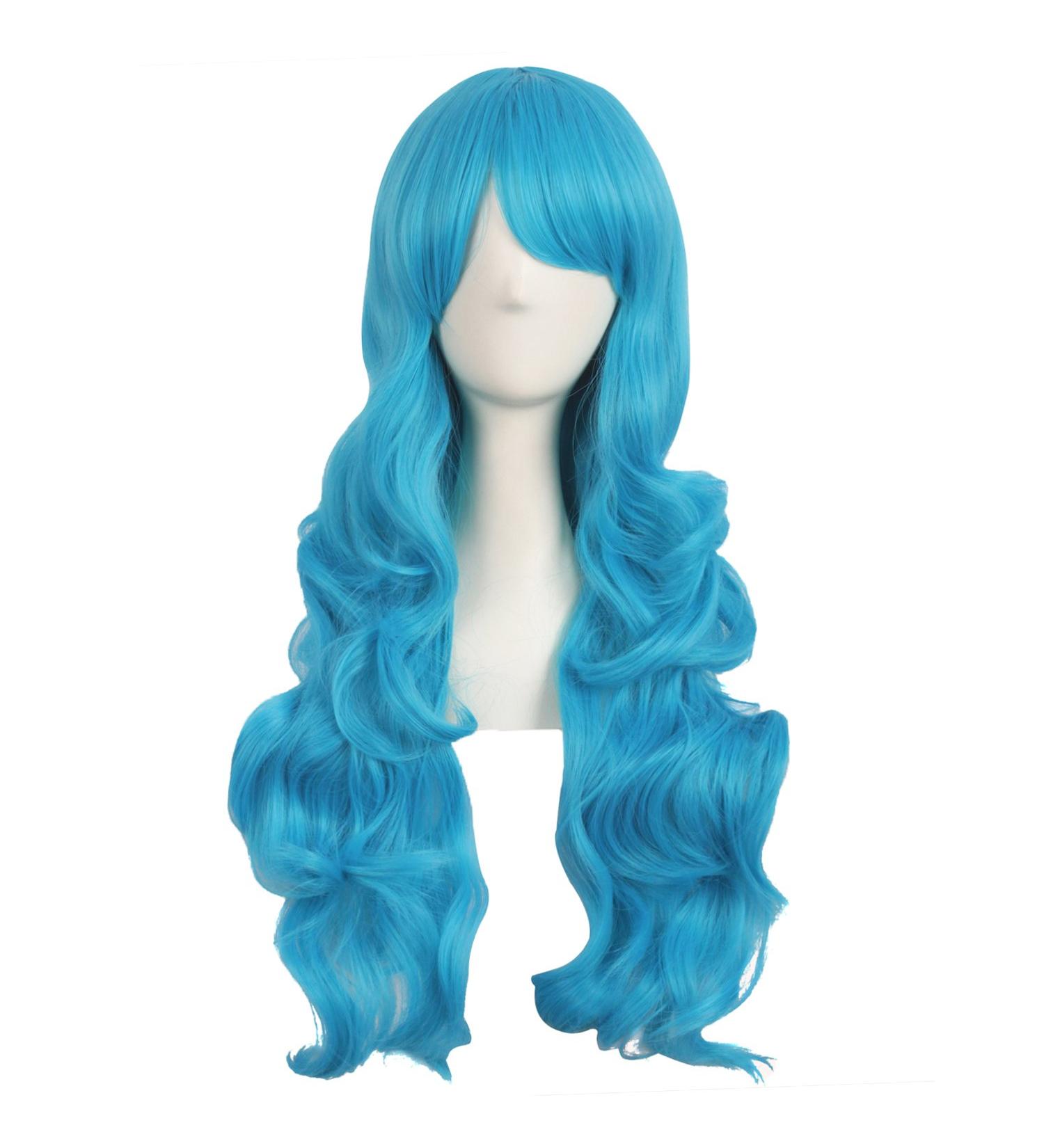 MapofBeauty 28 Cyan Blue Long Curly Wig with Side Part Bangs | Charming Full Hair for Women - International Shipping Available - Buy Online on SooperMarket.com