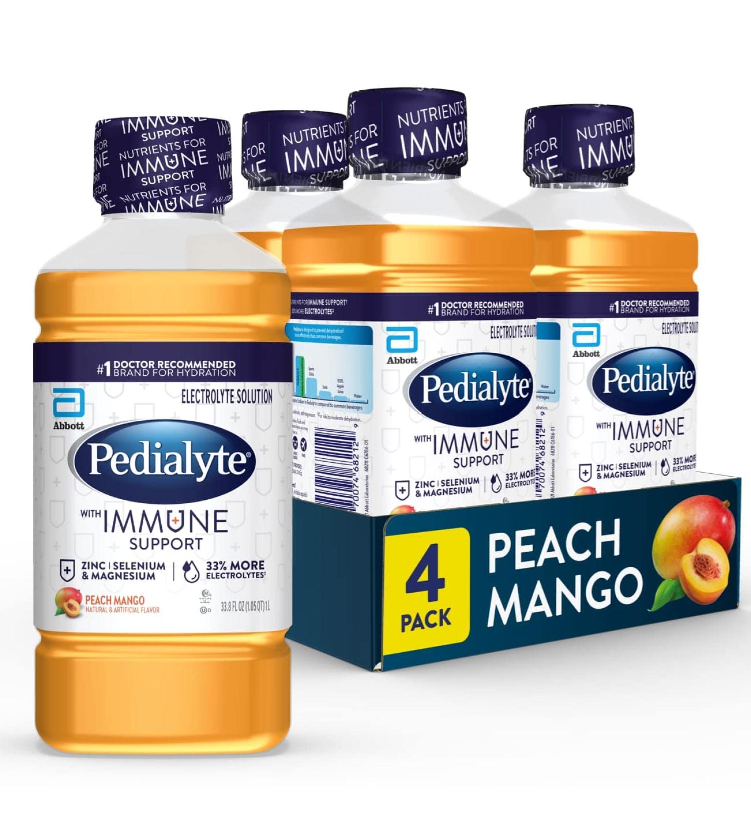 Pedialyte Immune Support Peach Mango 4 Count Electrolyte Drink with Zinc, Selenium & Magnesium 1L - Buy Online on SooperMarket.com