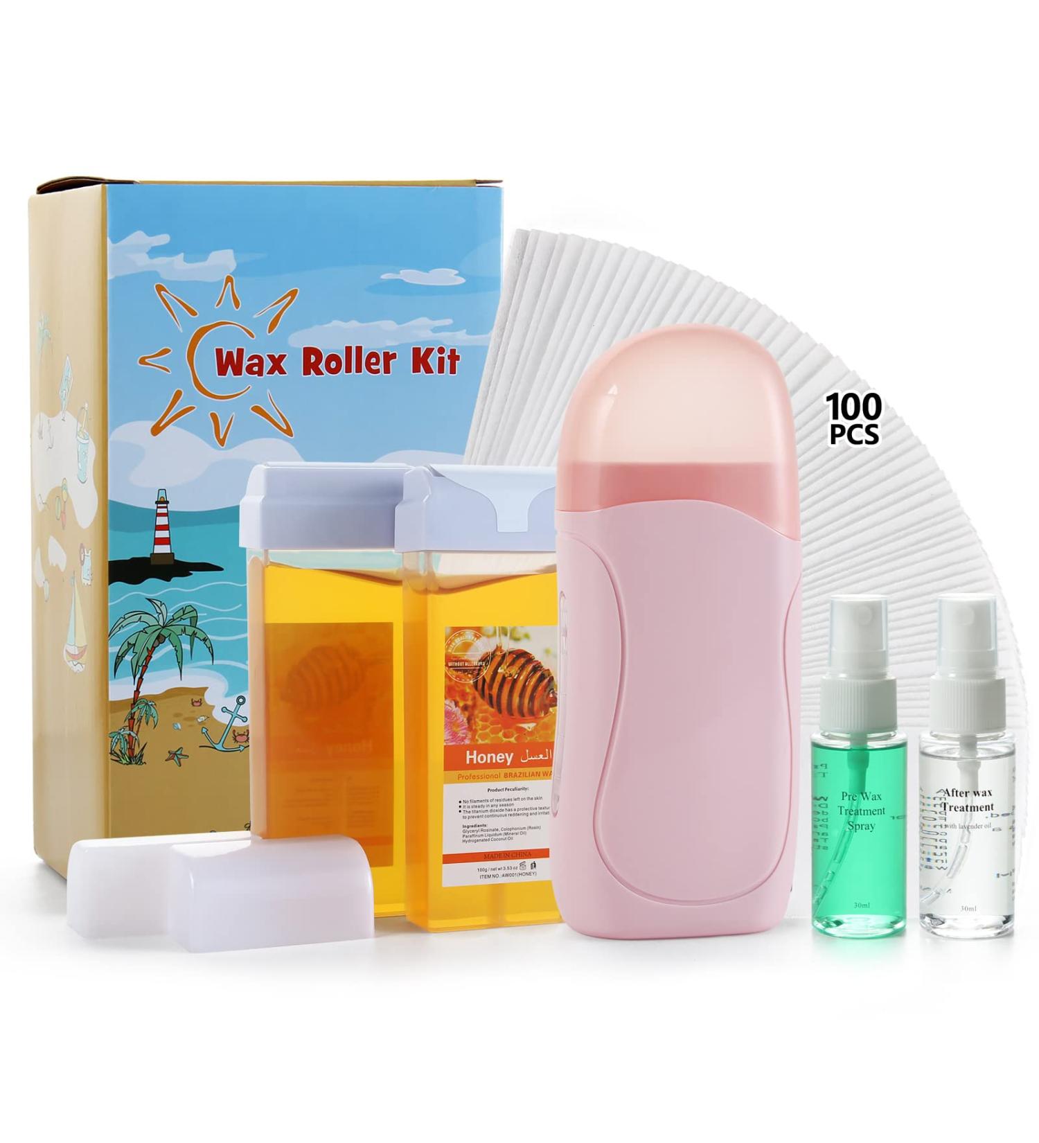 Roll On Wax Roller Kit for Hair Removal - Portable Waxing Kit with 2 Honey Roller Wax Cartridges & 100 Wax Strips - Large Area Hair Removal at Home - Buy Online on SooperMarket.com