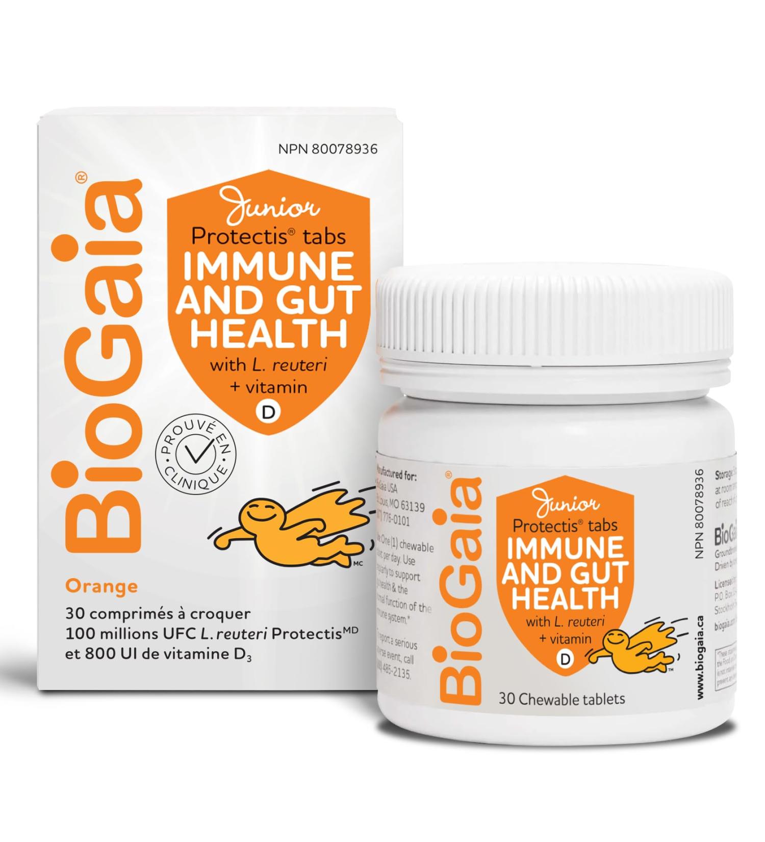 BioGaia Probiotic Junior Immune & Gut Health Tablets | New Format | Probiotic + 800 IU of Vit. D | 30-Day Supply/Chewable Tablets | For kids & Teens | Eases constipation | Helps maintain immune function | Development of bones and teeth | Prevent episodes  - Buy Online on SooperMarket.com