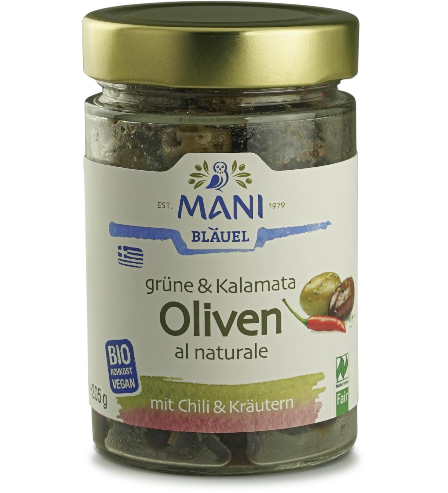 Mani Bl uel Organic Green&Kalamata Olives al naturale Chili&Herbs (2 x 205 gr)