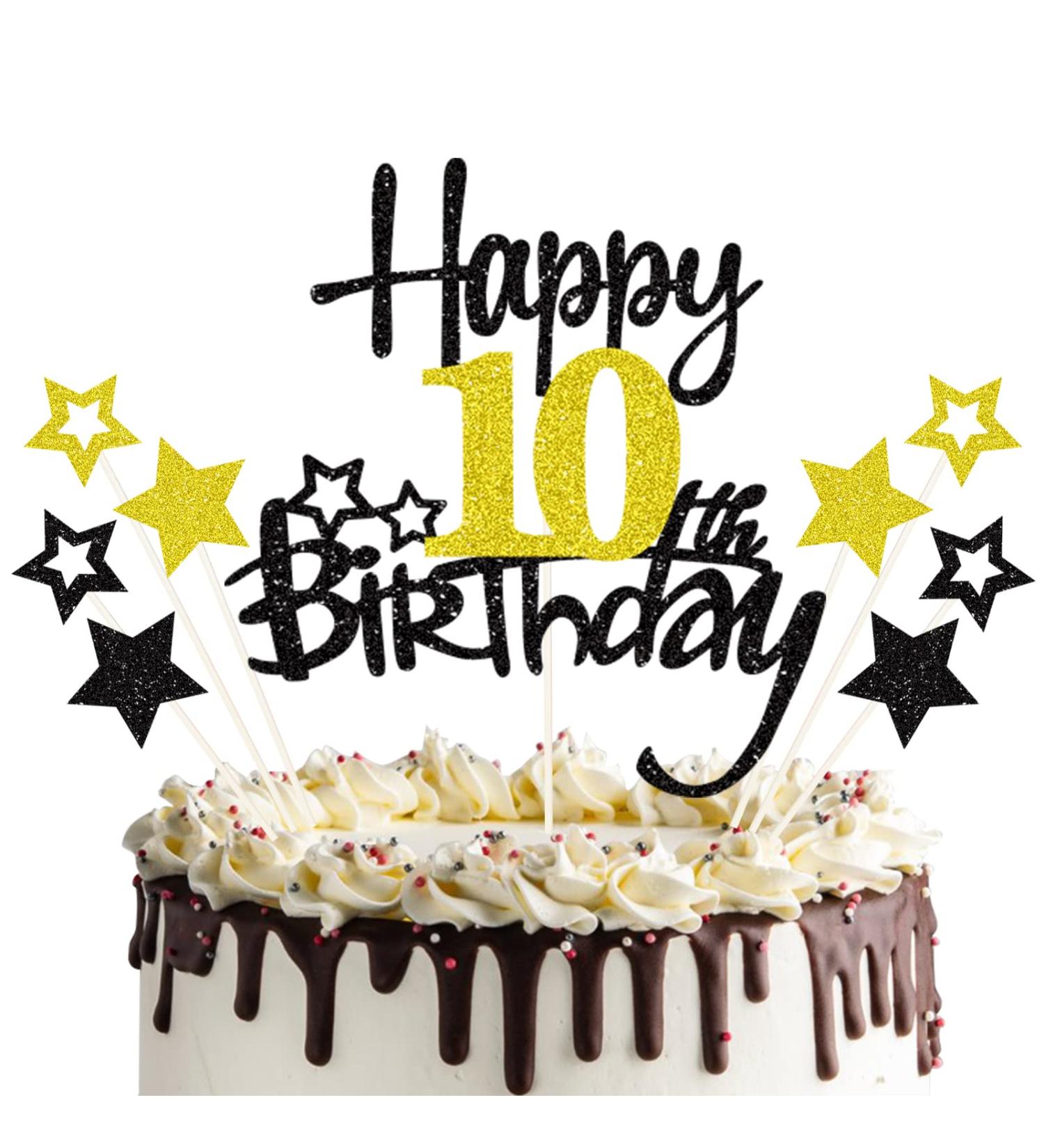 Happy 10th Birthday Cake Topper - Glittery 10 Years Party Decoration Black - Perfect for Cakes & Cupcakes! - Buy Online on SooperMarket.com