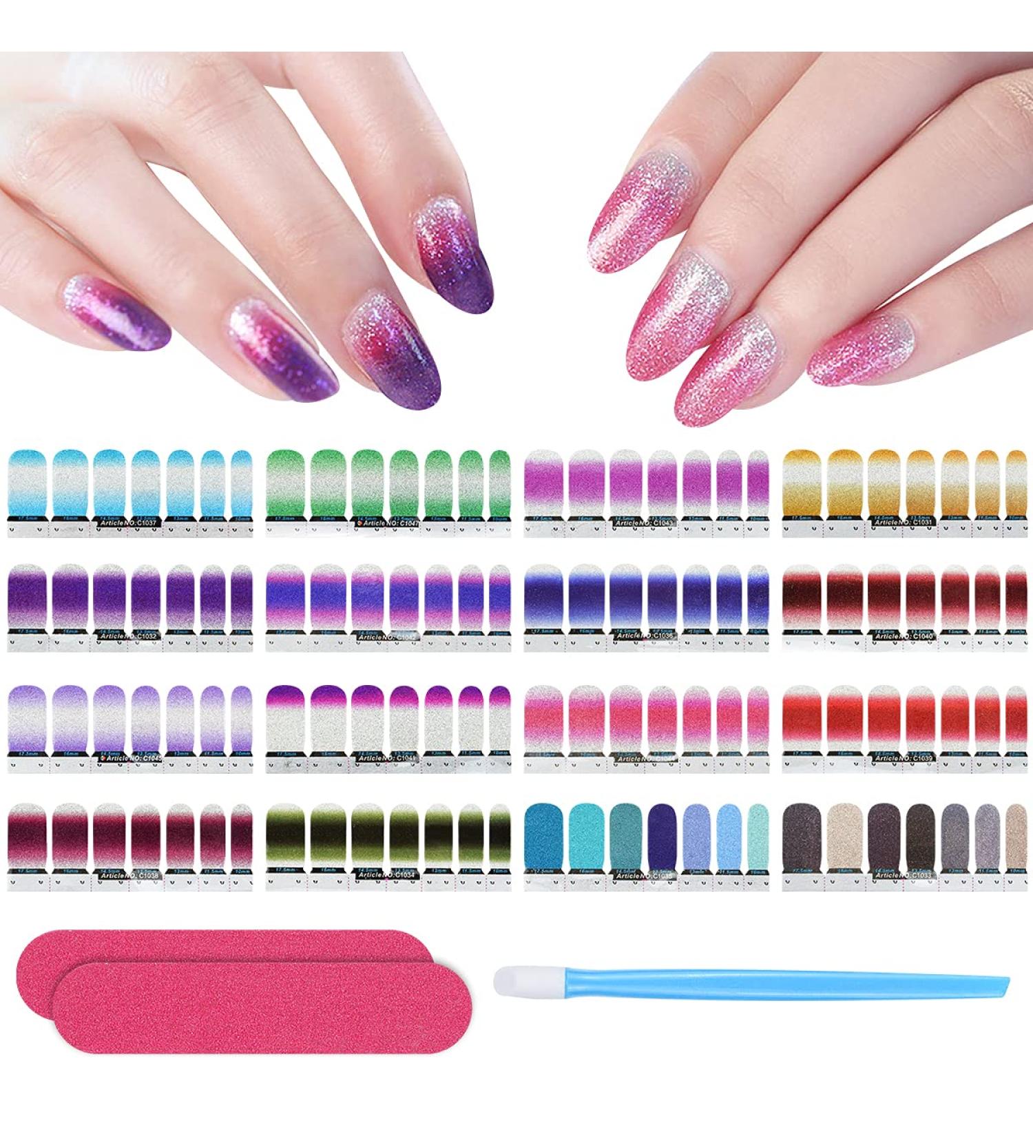 Self-Adhesive Nail Film - 14 Glitter Gradient Sheets (196 PCs) | Nail Art Stickers Manicure Set with Nail Files & Rubber Shaver for DIY Decoration - Buy Online on SooperMarket.com