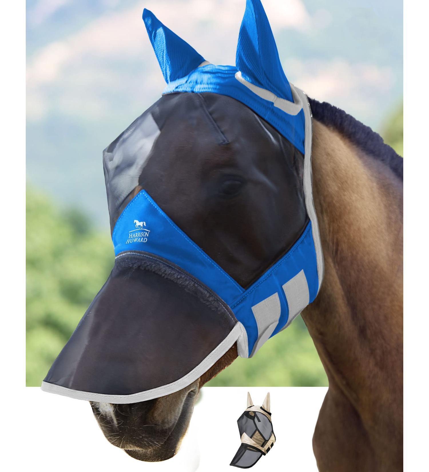 Harrison Howard Pro Luminous Horse Fly Mask Long Nose with Ears - UV Protection, Signature Blue, Size Cob (Medium) - Buy Online on SooperMarket.com