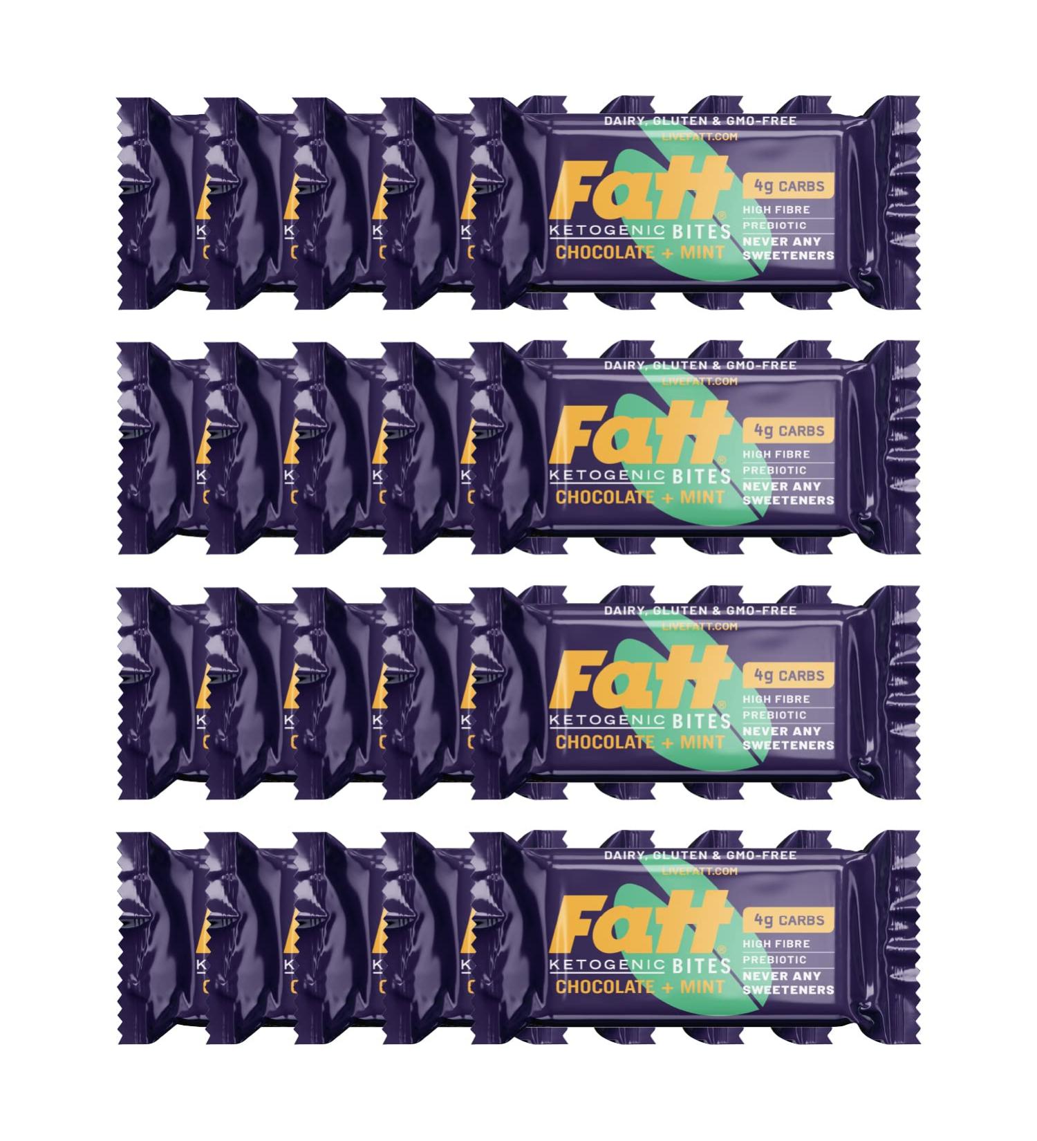Fatt Ketogenic Bites (Chocolate + Mint 20 Pack) - 100% Natural Keto Snack Bars - 4g Carbs - Zero Sweeteners - High Prebiotic Fibre - Low Sugar - Low Carb - Gluten Free Mint Chocolate 20 Pack - Buy Online on SooperMarket.com
