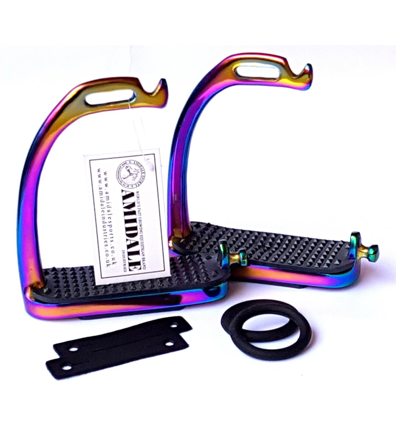 AMIDALE RAINBOW PEACOCK STIRRUPS HORSE RIDING IRON FILLIS MULTI COLOR BNWT 4.00 INCHES