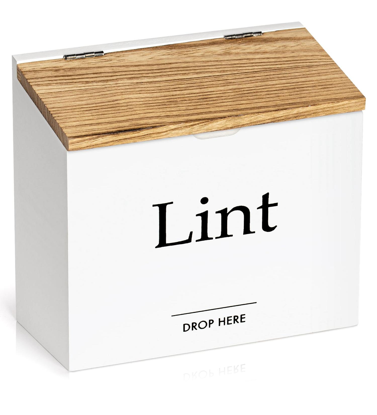 Magnetic Lint Bin for Laundry - Compact Wooden Lint Box with Lid | Rustic Modern Farmhouse Decor - White & Torched Finish - Buy Online on SooperMarket.com