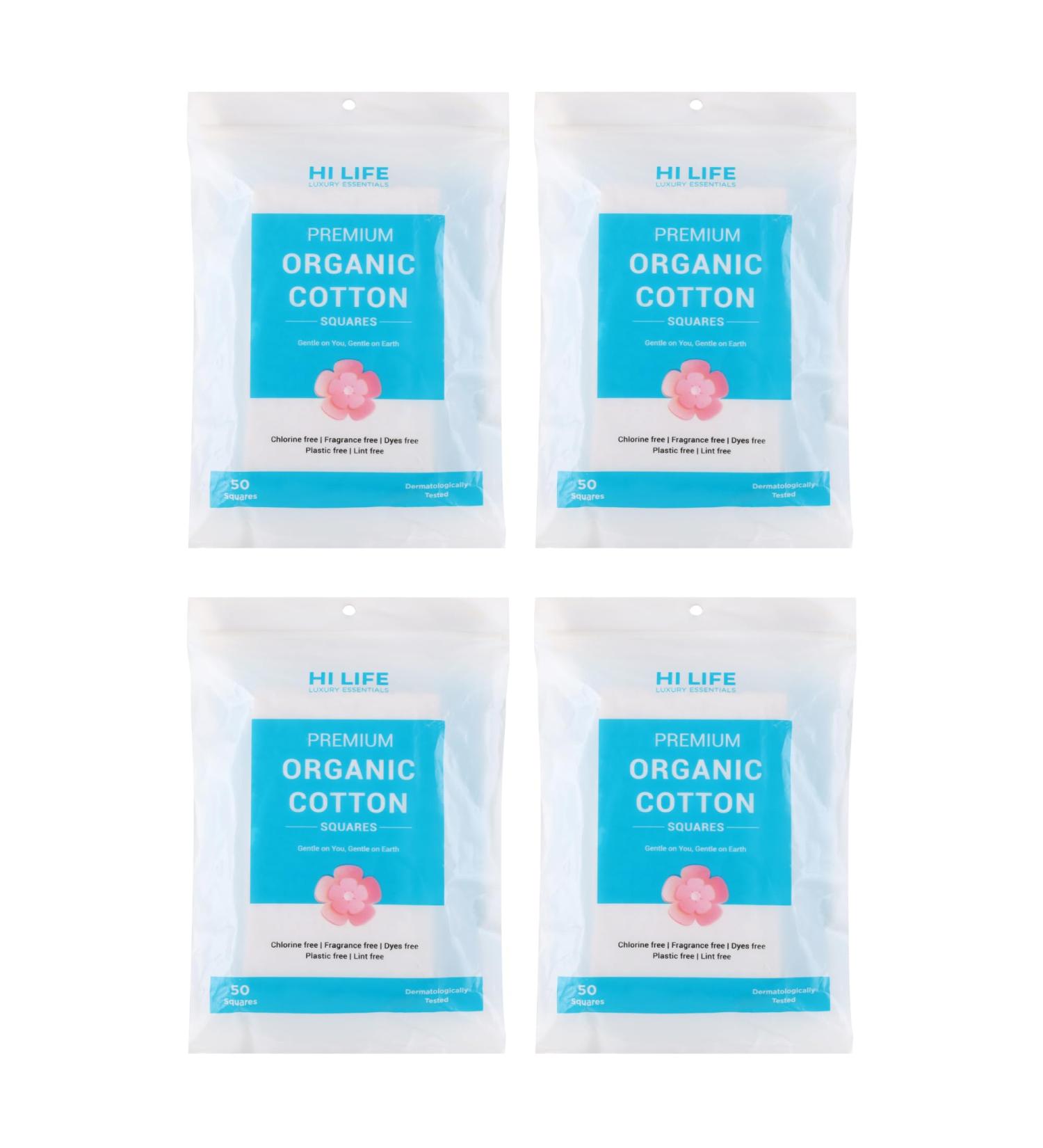 Hi Life Premium Organic Square Cotton Makeup Remover Pads - 200 Pack of 4 for Gentle Face Cleaning | Eco-Friendly Reusable Wipes for All Skin Types - Buy Online on SooperMarket.com