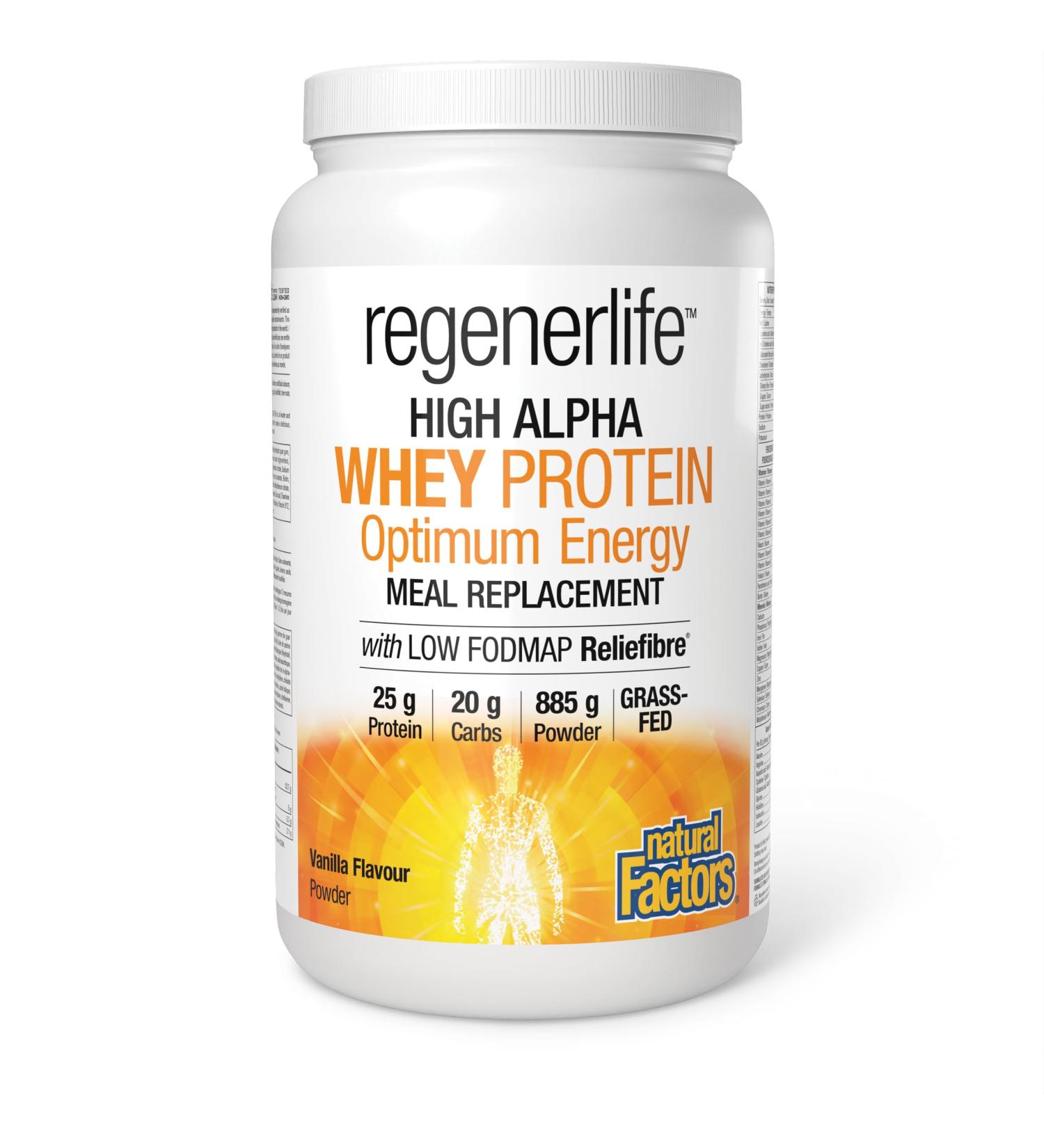 Natural Factors Regenerlife High Alpha Whey Protein Vanilla Flavour 885g powder Helps You Feel Full Longer 25g of protein per serving 5g of Low-FODMAP Reliefibre per serving Grass-Fed Whey - Buy Online on SooperMarket.com