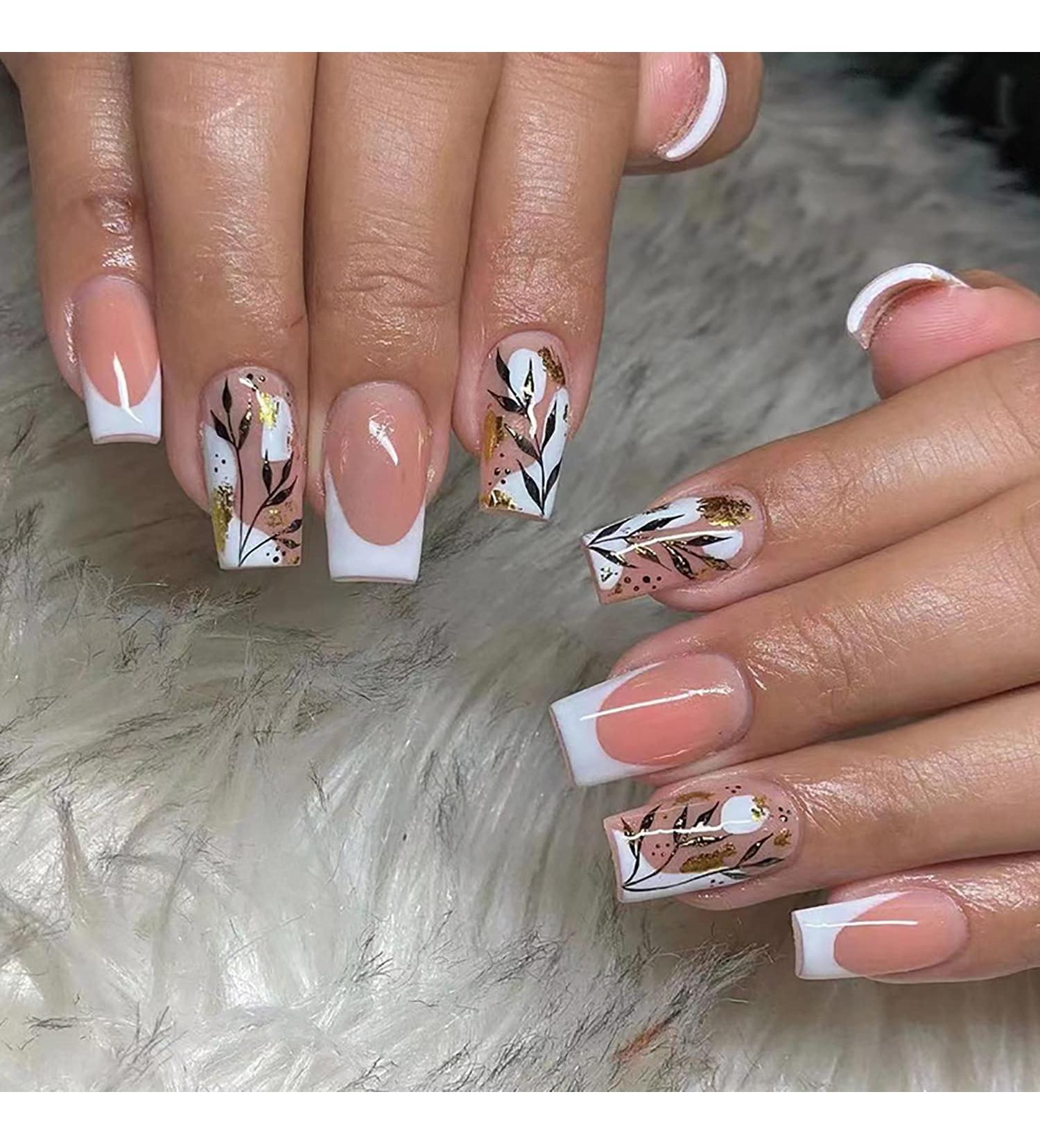 Medium Square French Tip Press on Nails with Fall Leaf Design - Glitter Acrylic False Nails for Women - Style 1 - Buy Online on SooperMarket.com