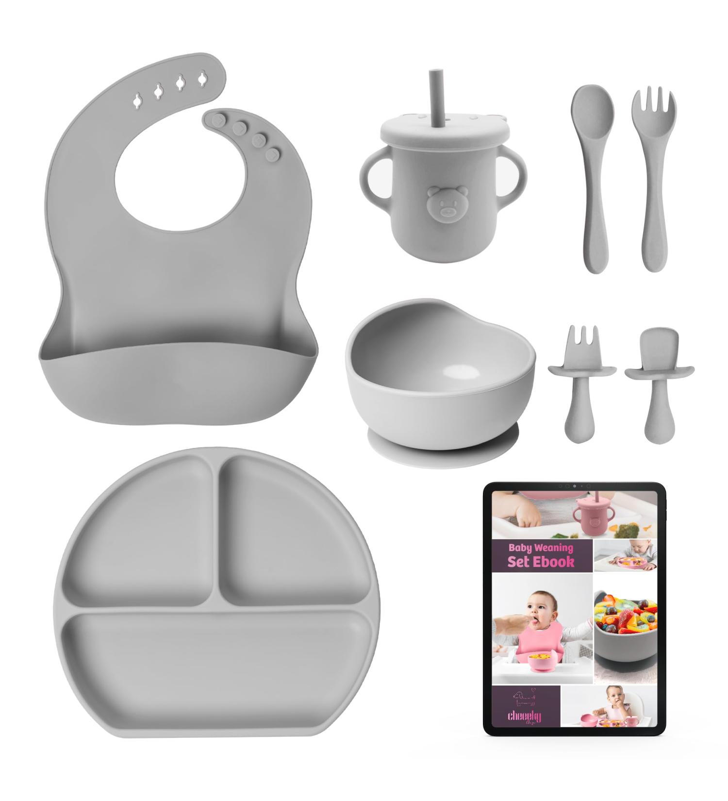 CHEEKYCHOPS 9 PCS Baby Weaning Set & Ebook - Slate Grey | Baby Plate, Bib, Cup, Bowl, Spoon & Recipe Ebook - Buy Online on SooperMarket.com