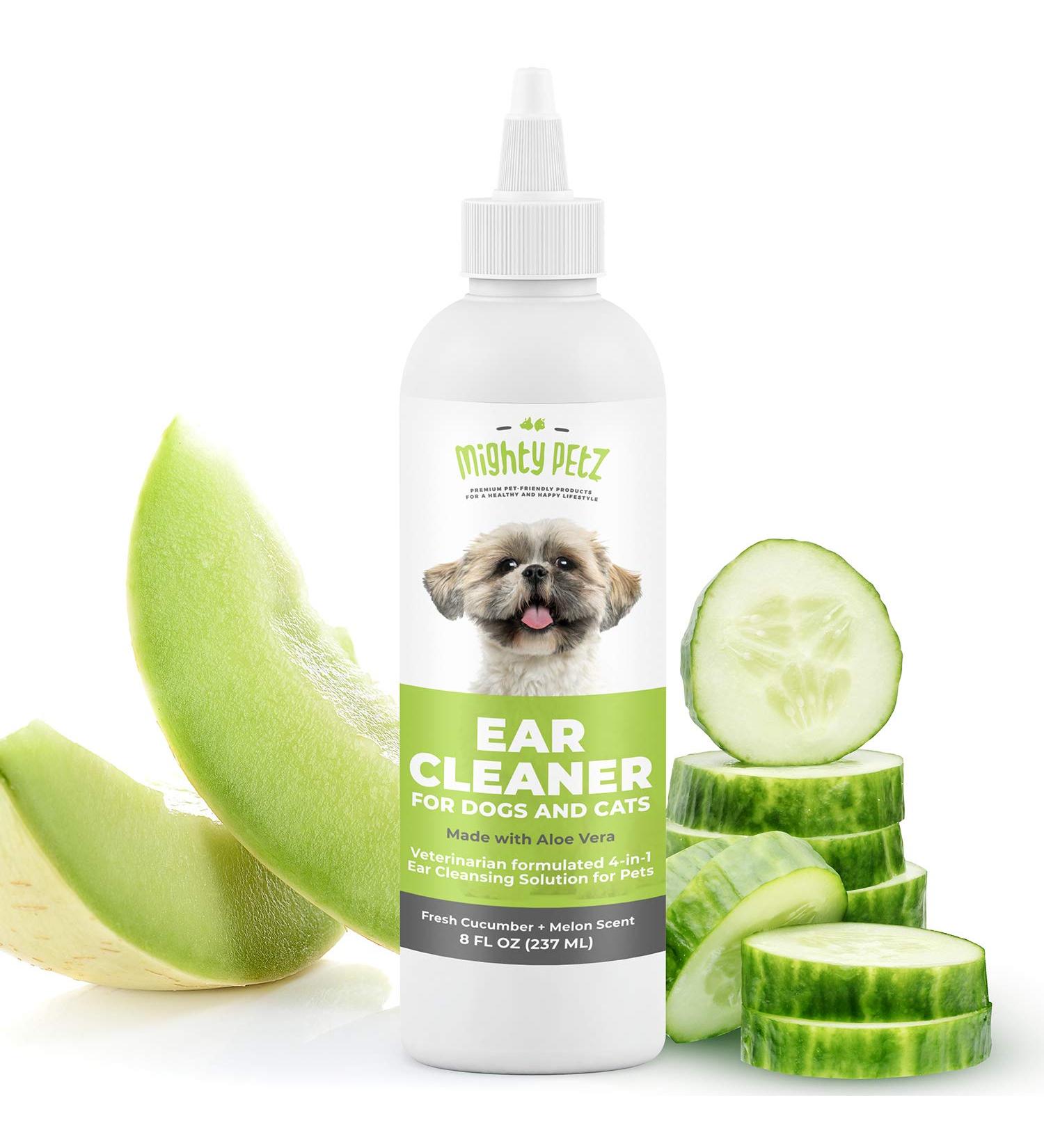Mighty Petz Dog Ear Cleaner Solution 8 oz - Vet Formulated Gentle Otic Cleaning Drops for Dogs - Supports Infection-Prone Ears, Removes Wax, Debris, & Odor - Cucumber & Melon Scent - Large - Buy Online on SooperMarket.com