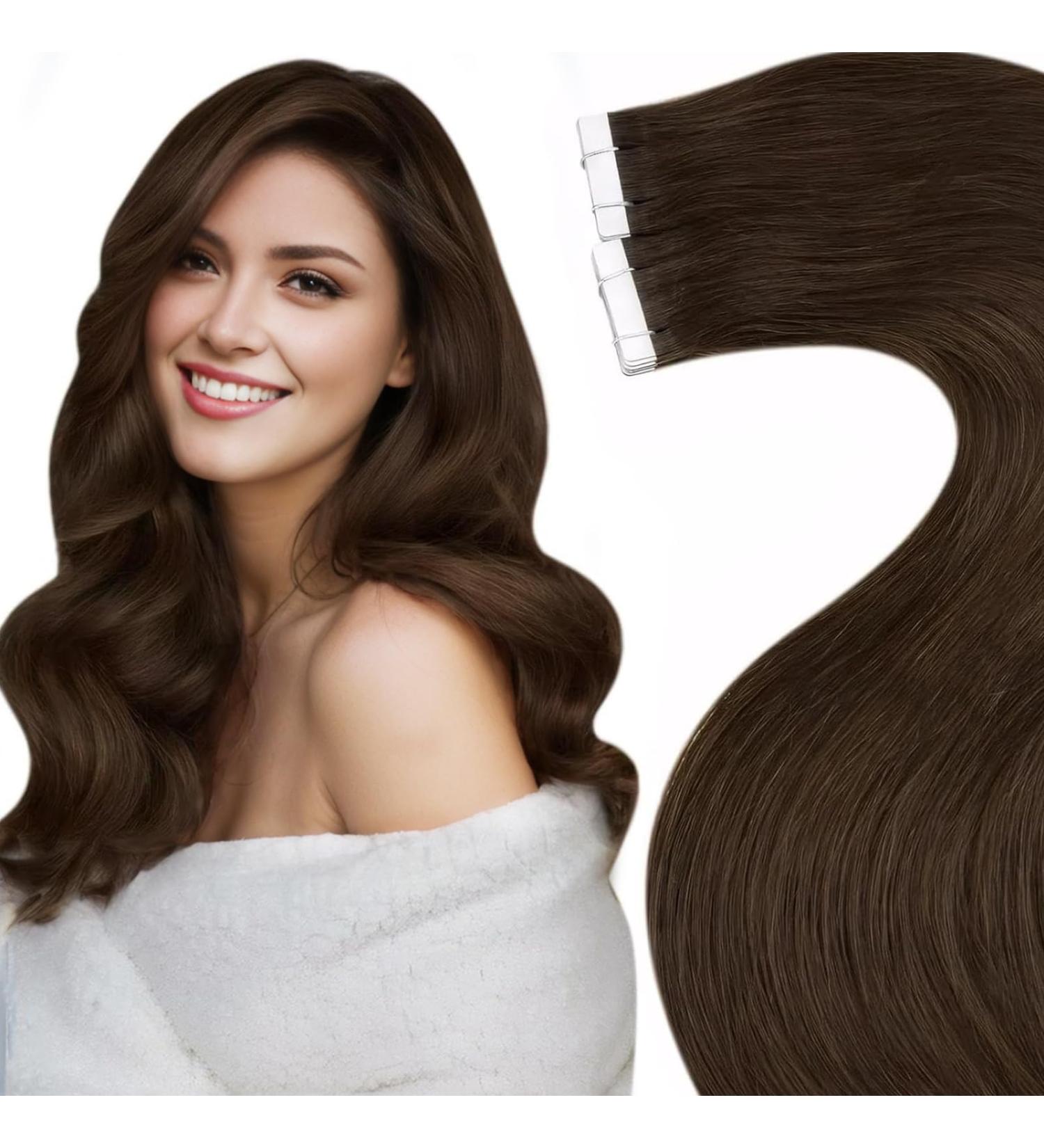LAAVOO Tape Extensions - 60cm Brown Real Hair Dark Brown Smooth Skin Weft Remy Tape-In Hair Extensions 50g 20PCs - Premium Human Hair - Buy Online on SooperMarket.com