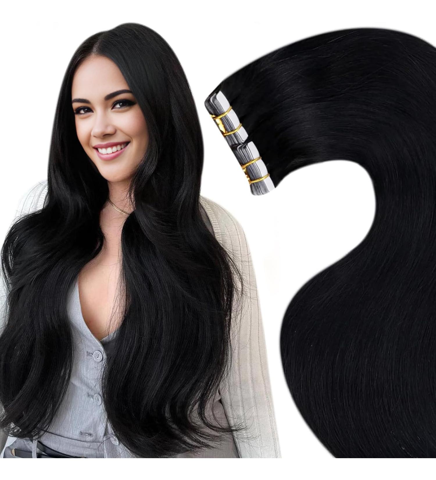 Laavoo 70cm Tape-In Real Hair Extensions - Black 65g Remy Hair 20 Pieces - Buy Online on SooperMarket.com
