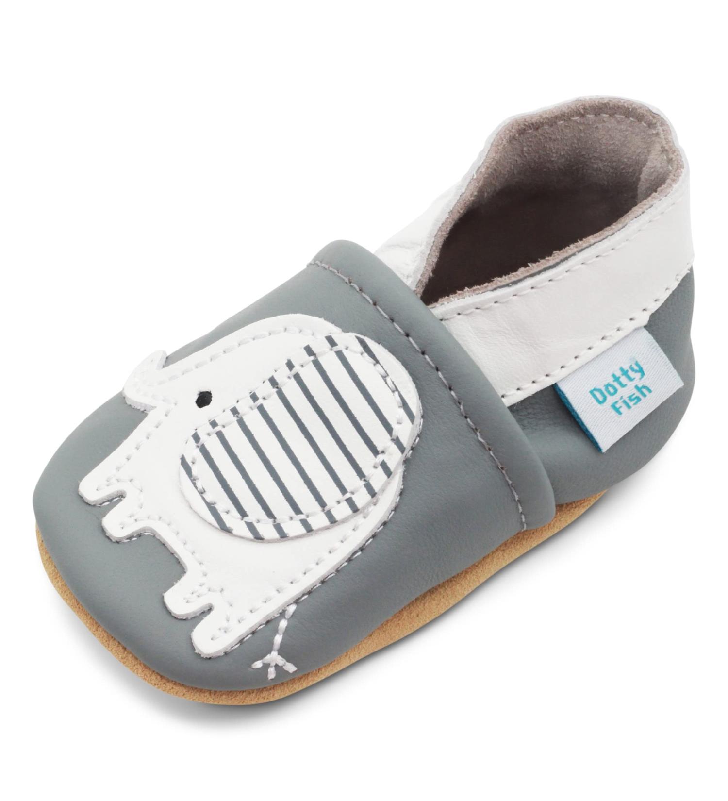 Dotty Fish Soft Leather Baby Shoes for Boys | Non Slip Toddler Shoes | Animal Designs for Boys and Girls | Grey Elephant | 0-6 Months - 4-5 Years - Buy Online on SooperMarket.com