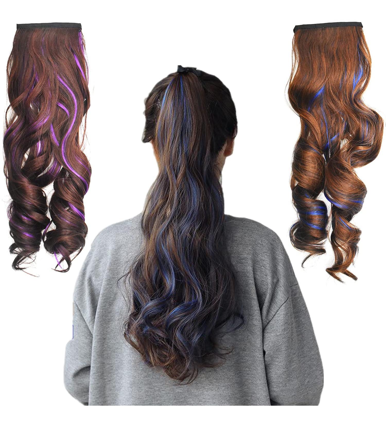 Saijer Ponytail Extensions - 2 PCs Corrugated Long Hair Extensions | Realistic Wrap-Around Wig for Girls - Brown Purple Blue - Buy Online on SooperMarket.com