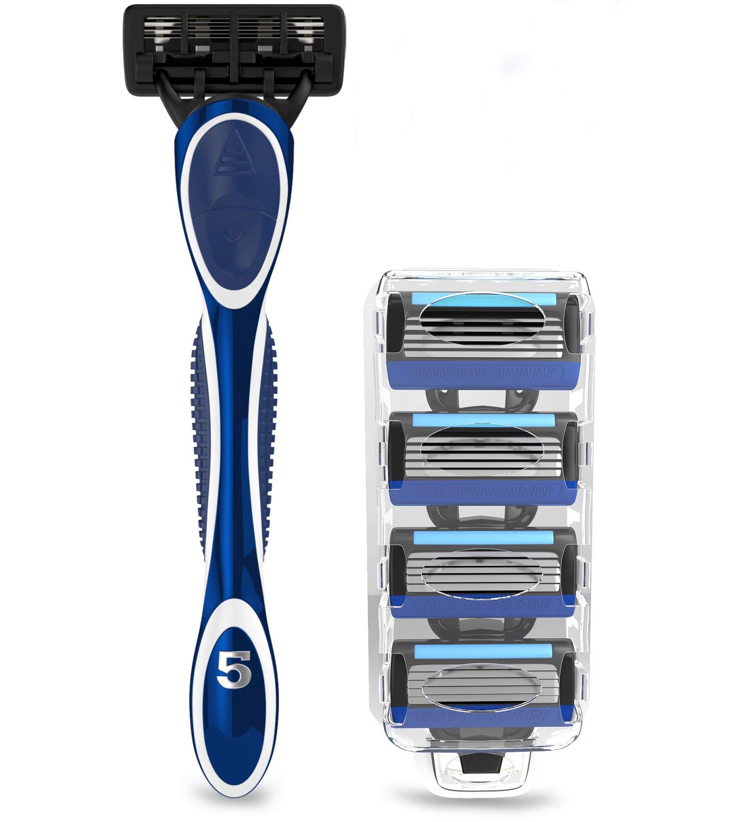 Men's 5-Blade Razor with Dual Lubrication, Precision Trimmer & 4 Cartridge Refills - Blue - Buy Online on SooperMarket.com