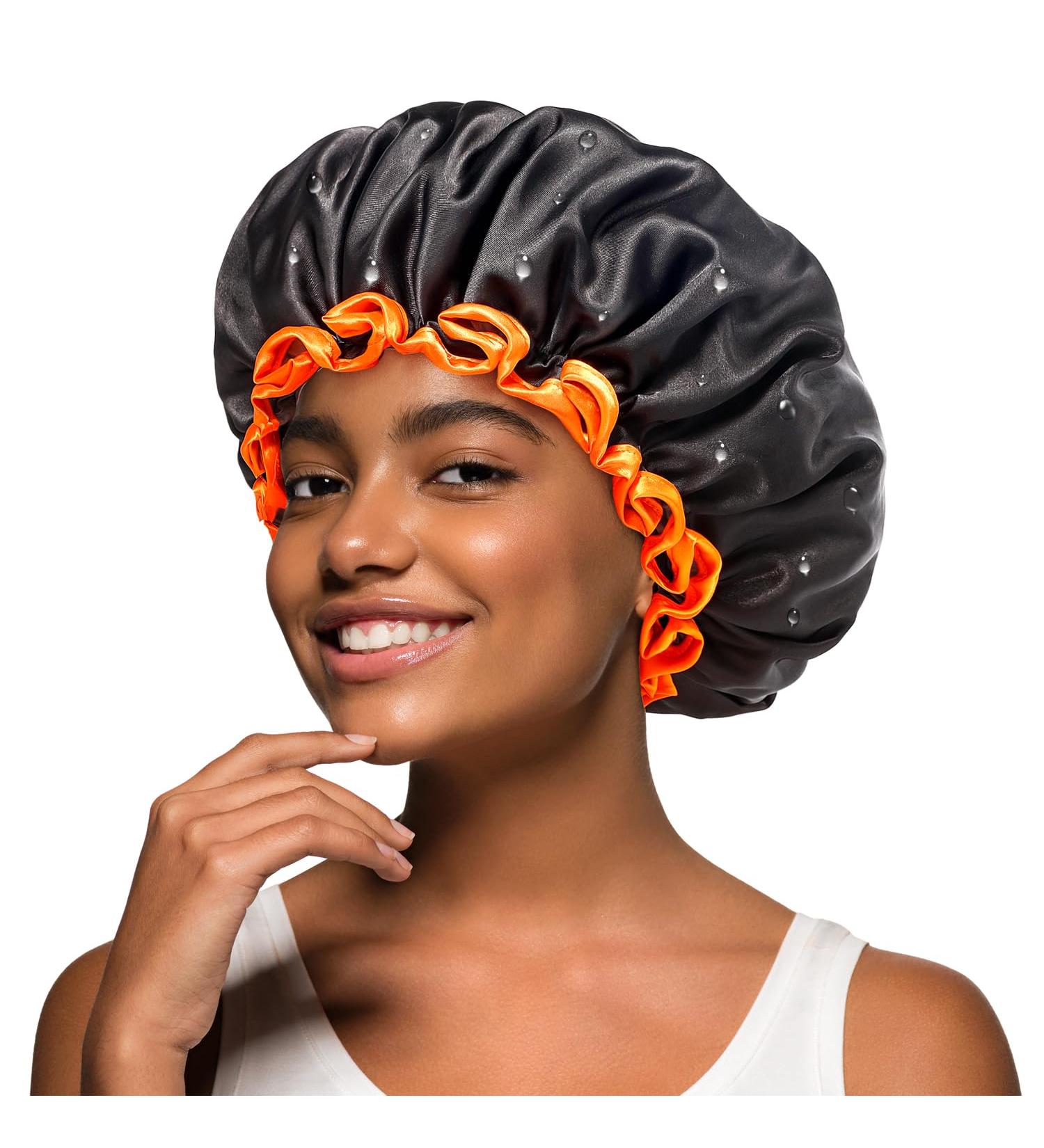 Mikimini Black Shower Hoods 2-Pack | Double-Layer Waterproof Bathing Hair Cap | Soft & Comfortable PEVA | Cute Stretchy Medium Size Black & Orange - Buy Online on SooperMarket.com