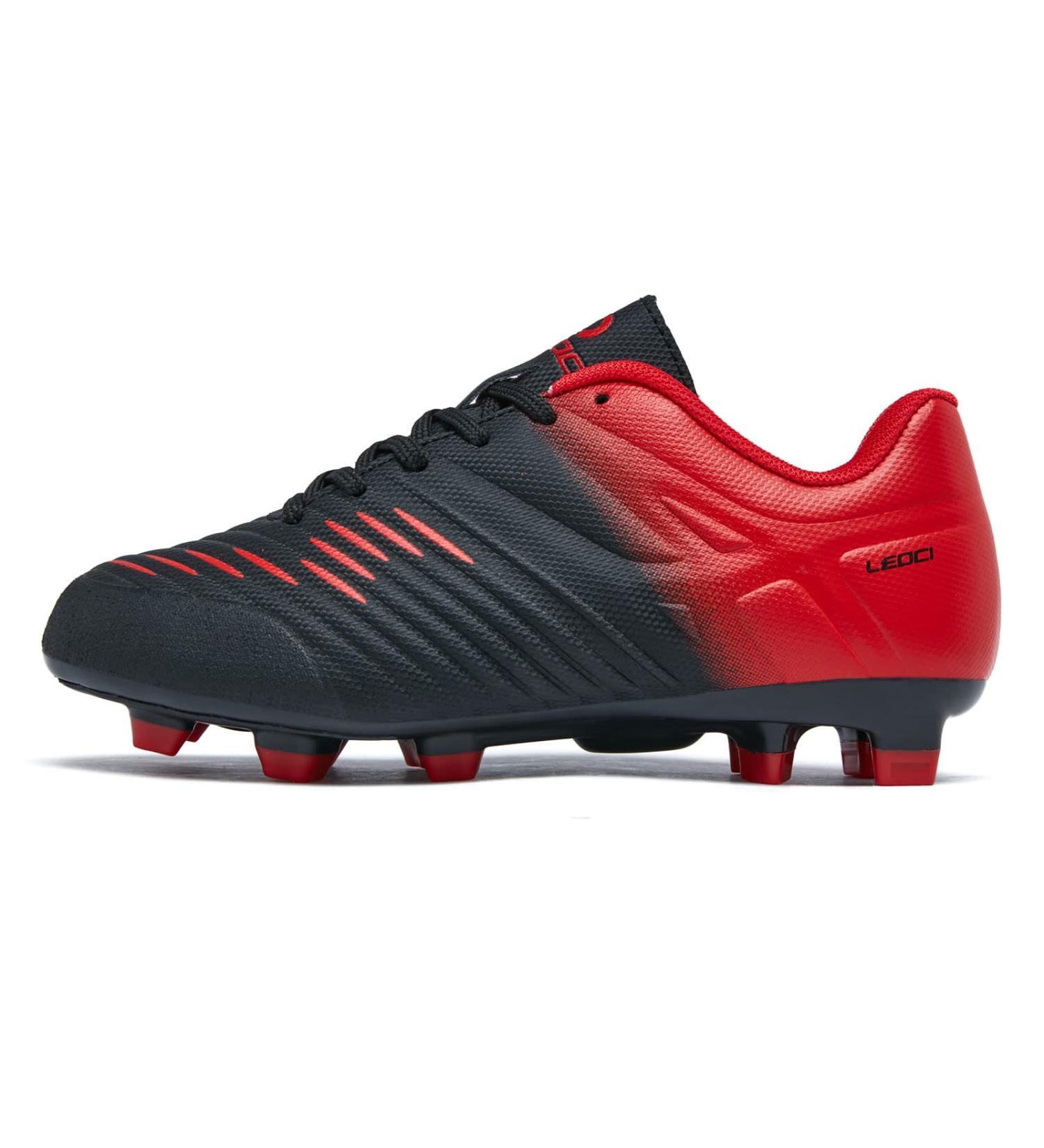 LEOCI Soccer Shoes for Kids - Firm Ground Football Boots for Boys & Girls | Size 32 EU | Black & Red - Buy Online on SooperMarket.com
