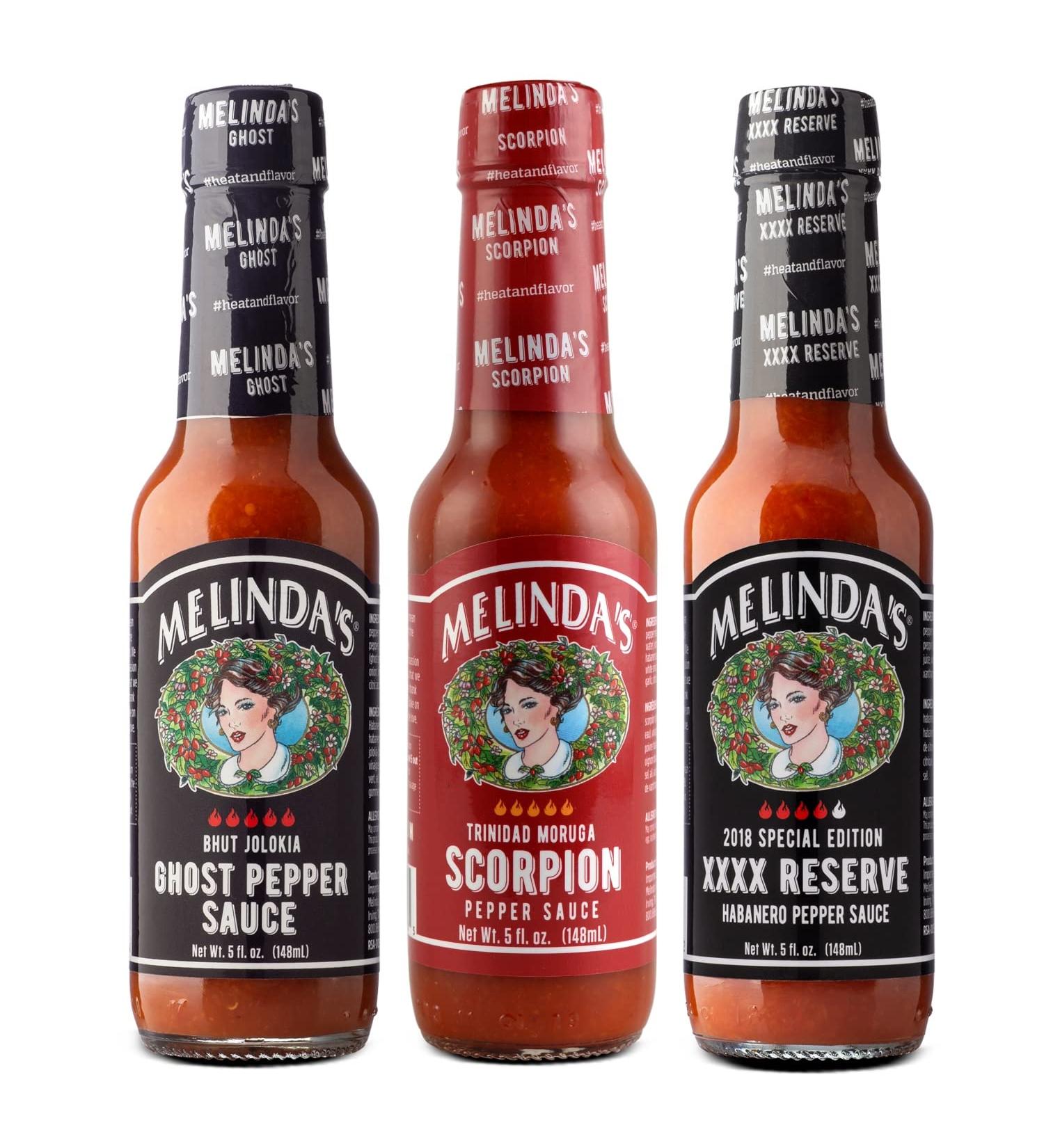 Melinda's Extreme Fiery Collection - Extra Spicy Hot Sauce Gift Set - Ghost Pepper, Scorpion Pepper, Habanero XXXXtra Reserve - 5oz, 3 Pack - Buy Online on SooperMarket.com