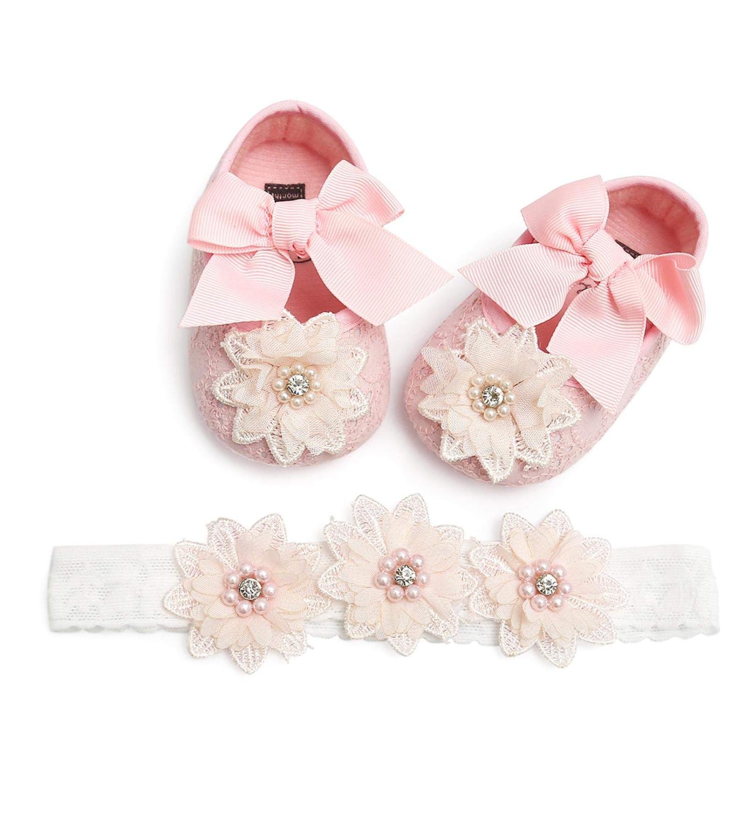 Cute Baby Girl Flower Shoes + Headband Set | Non-Slip Soft Toddler Shoes for Special Occasions | Christening and Wedding Party Shoes | 6-12 Months | Color Pink - Buy Online on SooperMarket.com