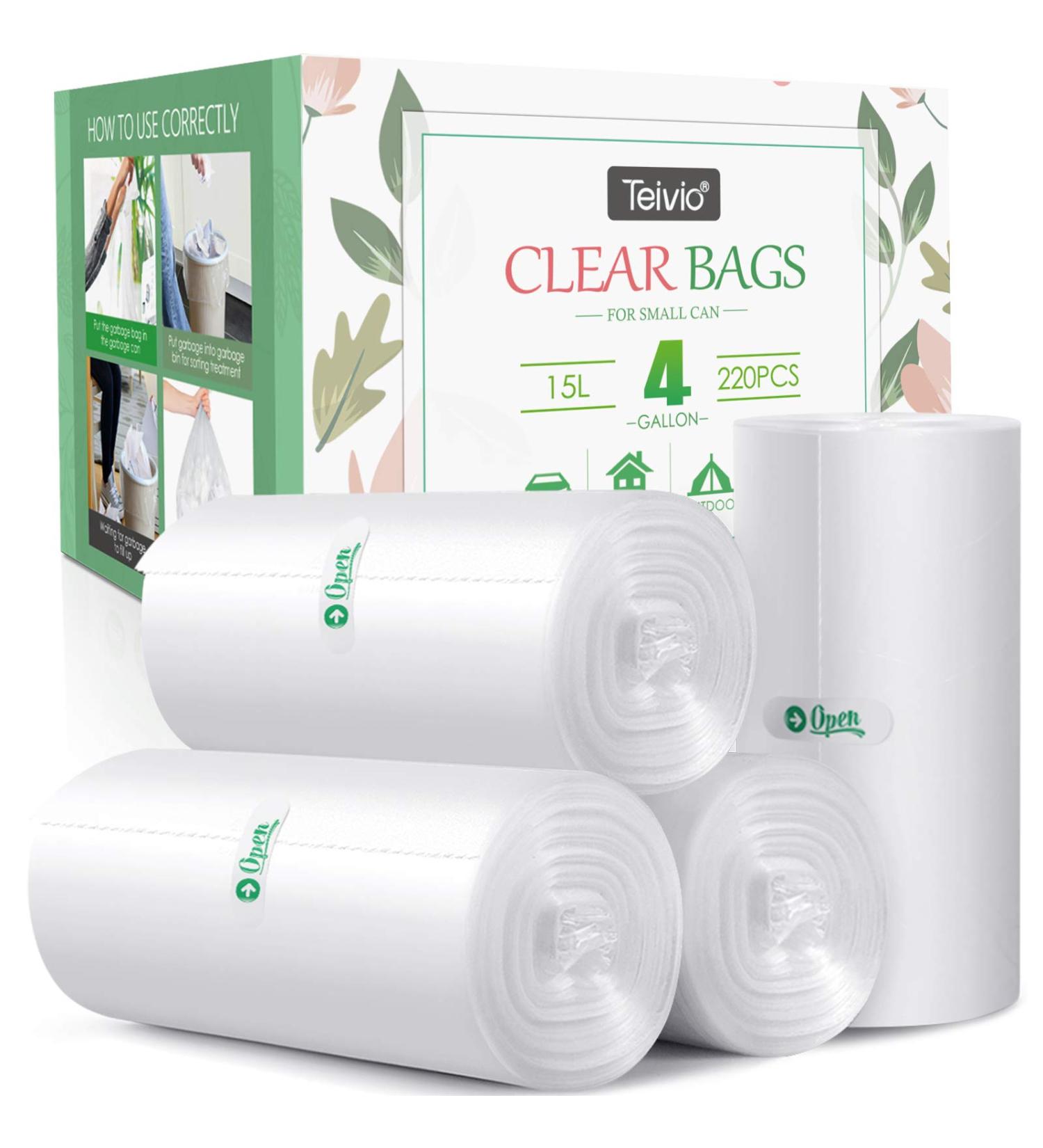 4 Gallon 220 Count Clear Trash Bags - Small Garbage Bin Liners for Home & Office - Fits 12-15 Liter Cans - Strong Plastic Bags - 20.4x17.3 Inch - Pack of 200 - Buy Online on SooperMarket.com