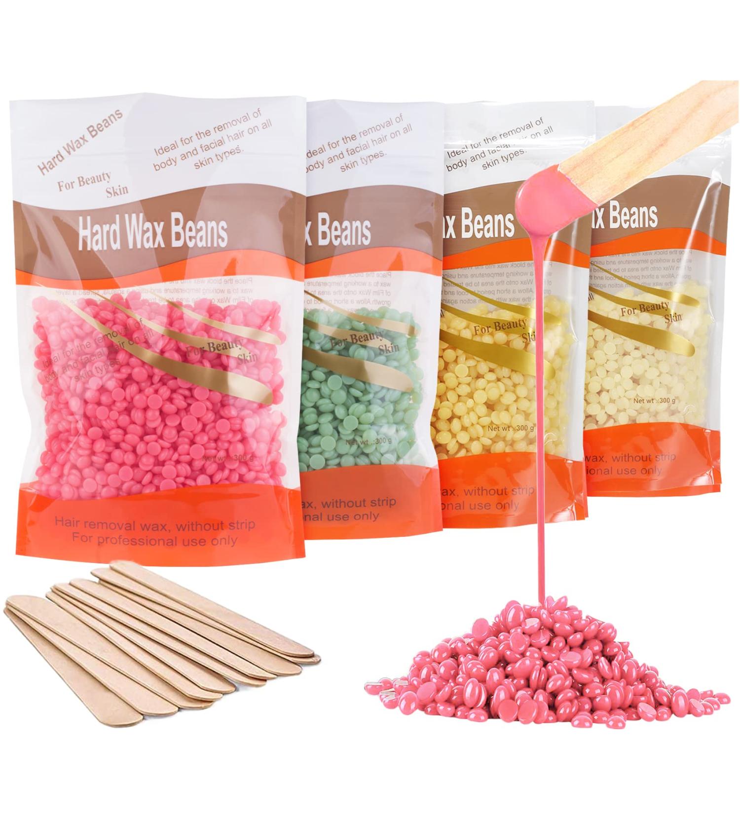 Showvigor Hard Wax Beads for Hair Removal - 4 Colors, 4 Bags - Brazilian Bikini Face Body Legs Back At Home - Blue Pearl Beads - 400g with 10 Wax Sticks - Buy Online on SooperMarket.com