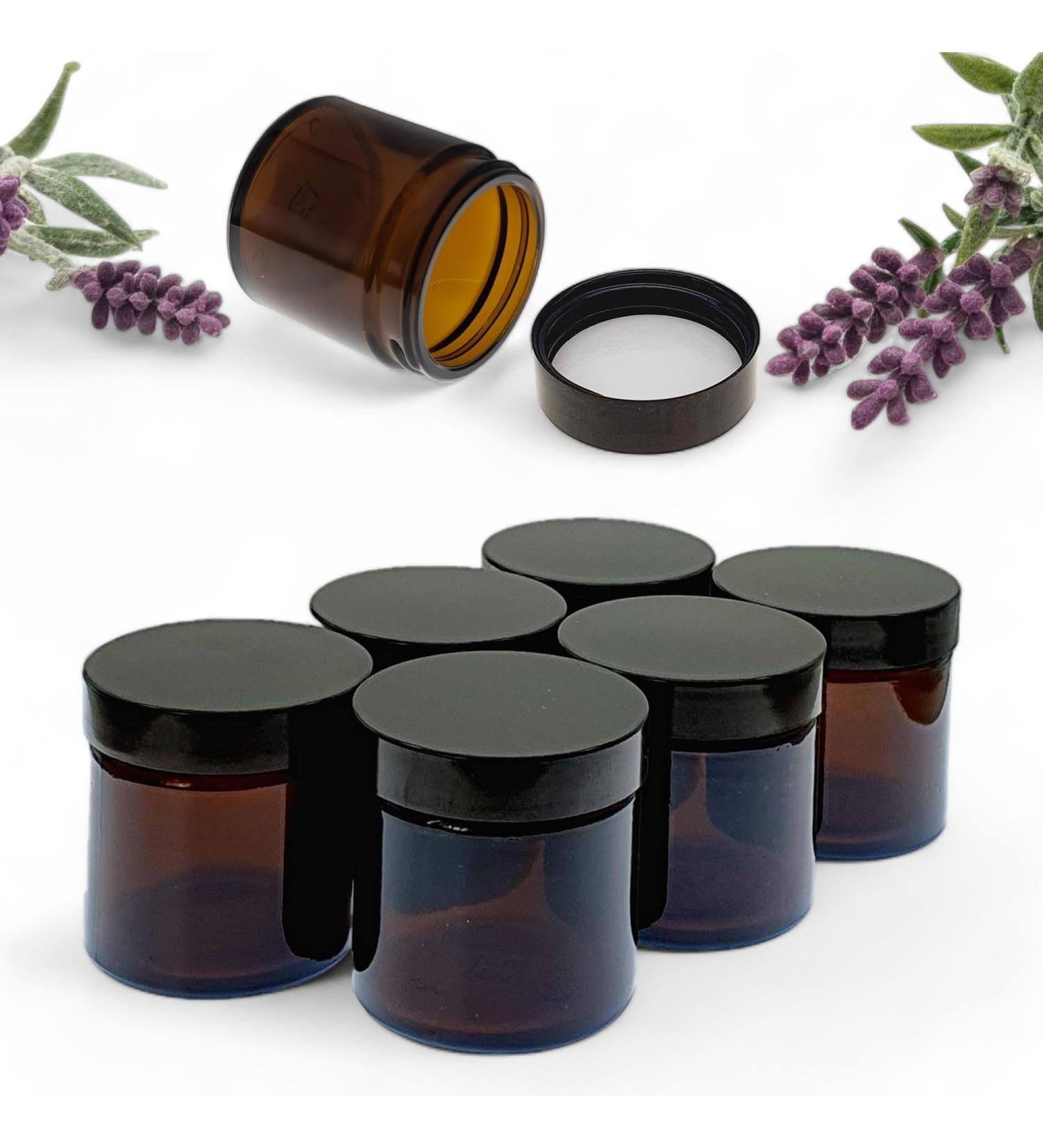 Set of 6 Amber Glass Jars - 60ml Brown Glass Container Jars for Storage with Airtight Black Lids Luxury Cosmetic Container for Candles Creams & Salves - Buy Online on SooperMarket.com