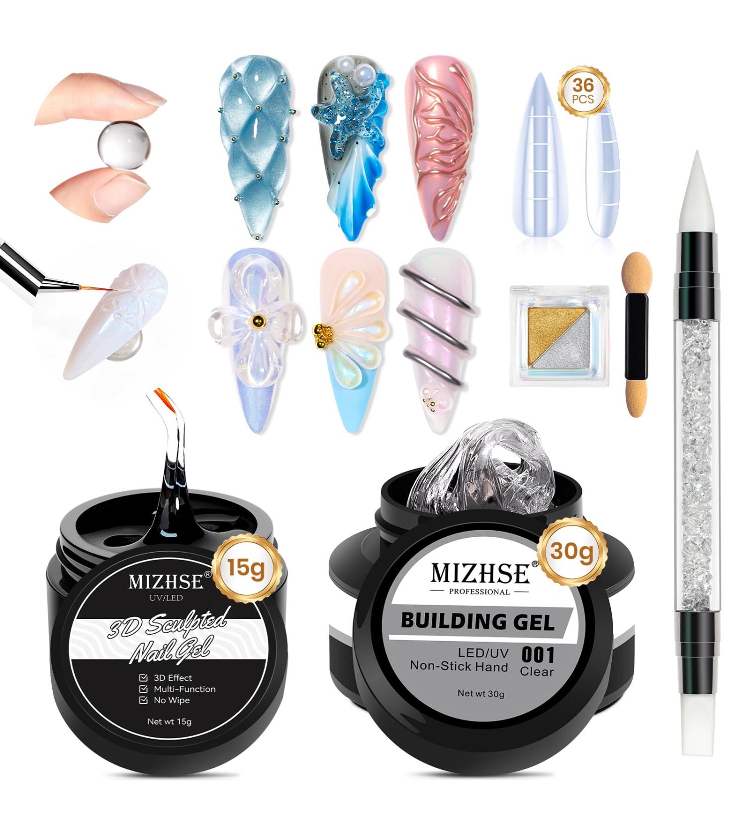 MIZHSE Solid Nail Builder Gel and 3D Nail Gel Kit All in 1 Kits with Chrome Powder and Silicone Nail Art Sculpture Pen Clear Gel Nail Extension 3D Sculpting Gel for Nails Strengthen Gel for Nails Art - Buy Online on SooperMarket.com