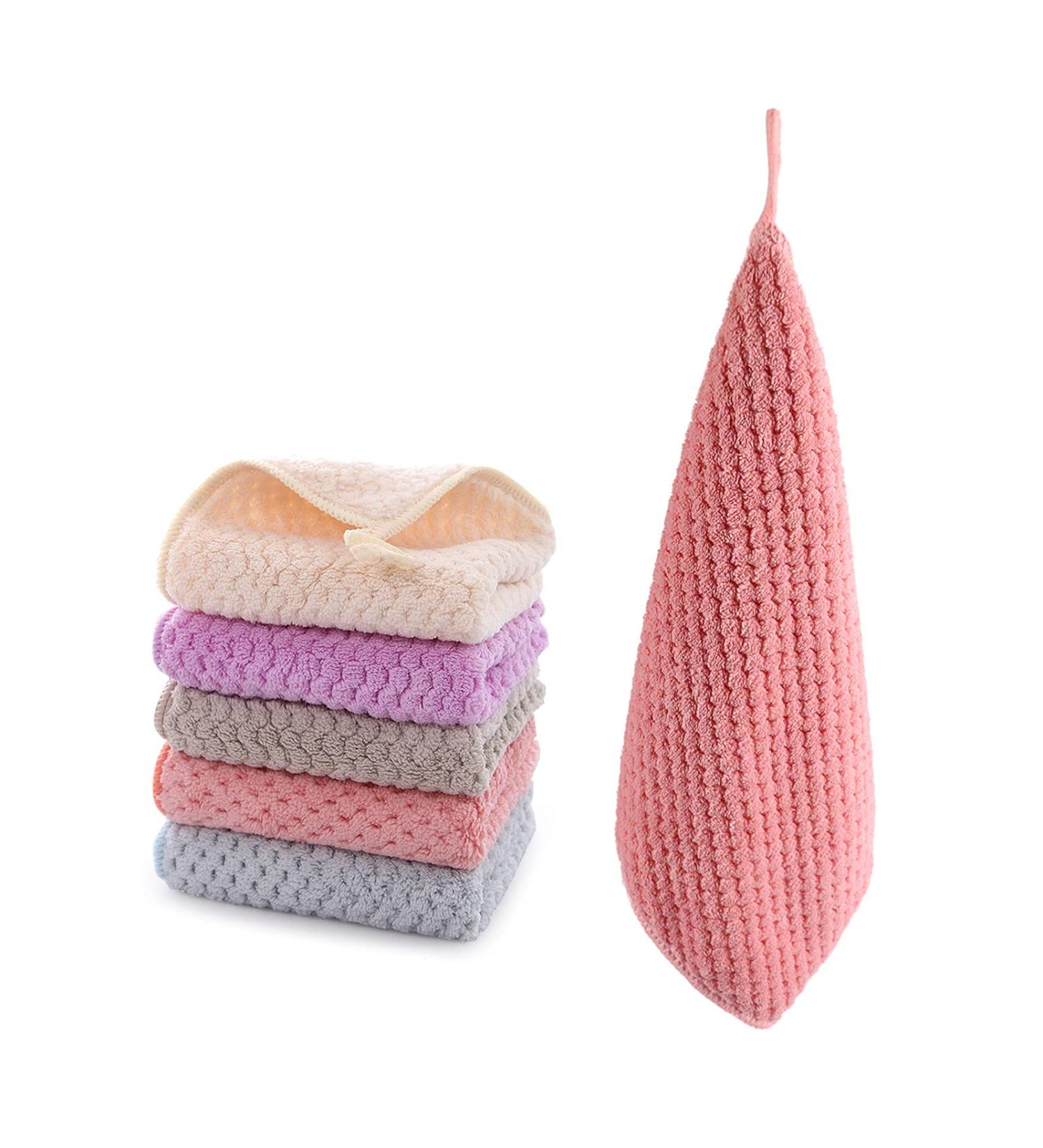 Onlup Hanging Hand Towels Set - Super Absorbent Small Towels for Kitchen & Bathroom - Set of 5 (Beige, Pink, Purple, Gray, Blue) - Buy Online on SooperMarket.com