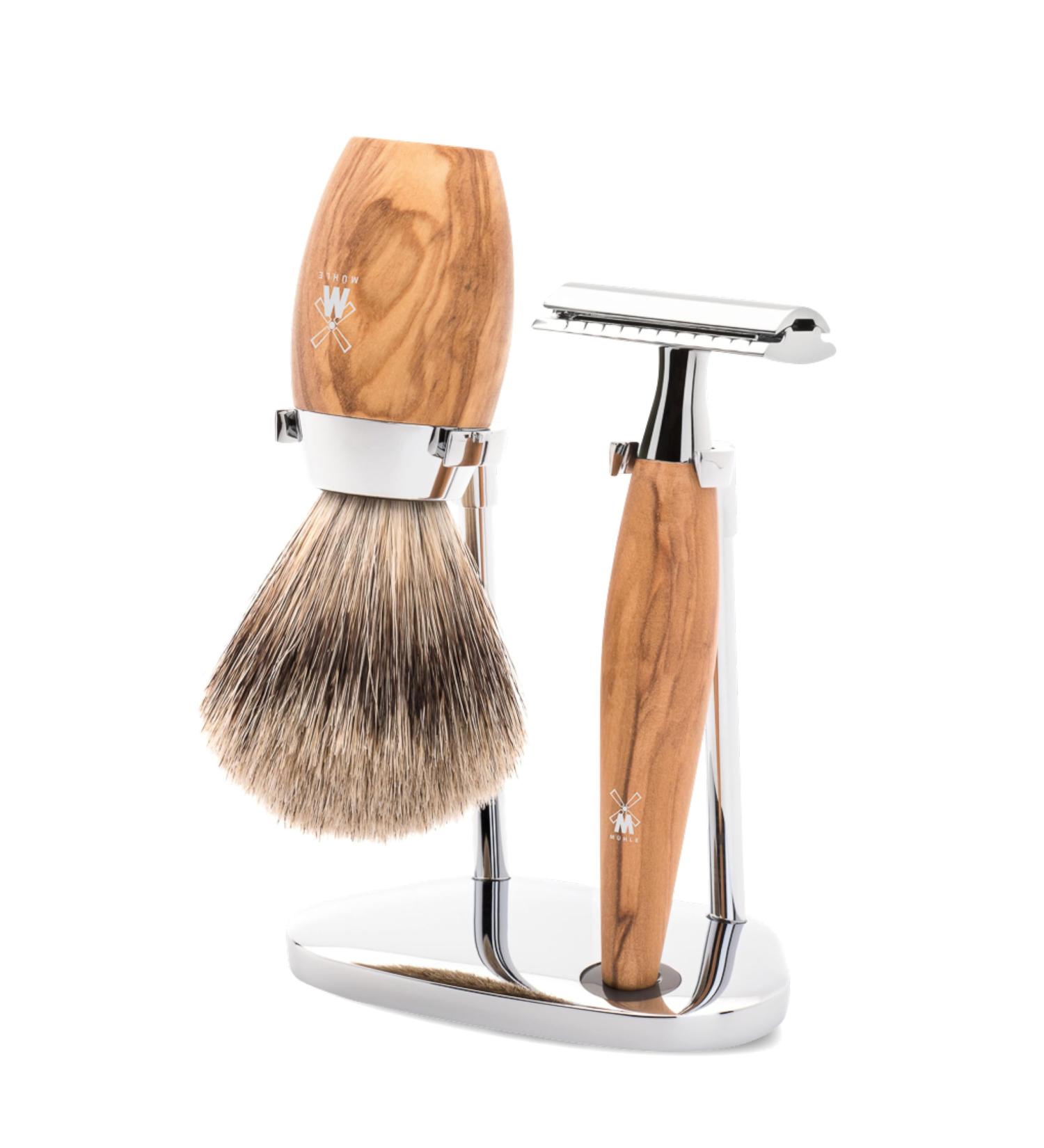 M HLE Kosmo Shaving Set - Silvertip Fibre Safety Razor in Olive Wood - Premium 1 Piece Set for A Perfect Shave - Buy Online on SooperMarket.com