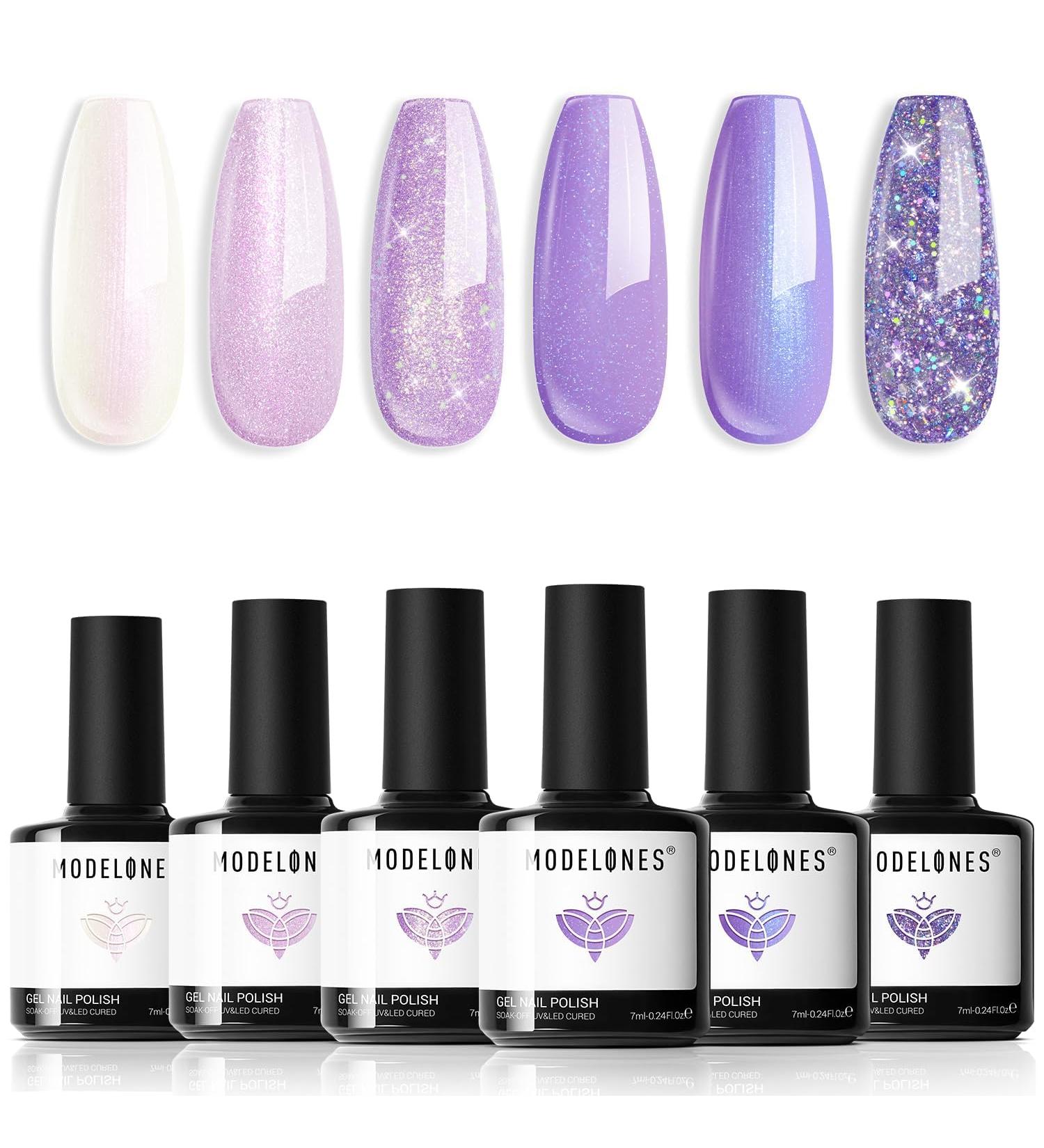 Modelones Purple Glitter Gel Nail Polish 6 Colors Shimmer Violet Mermaid Gel Polish Cat Eye Sparkle gel nail Soak Off Led Summer Nail Gel Polish for Women Girl DIY Nail Art Gift Purple Gliiter - Buy Online on SooperMarket.com