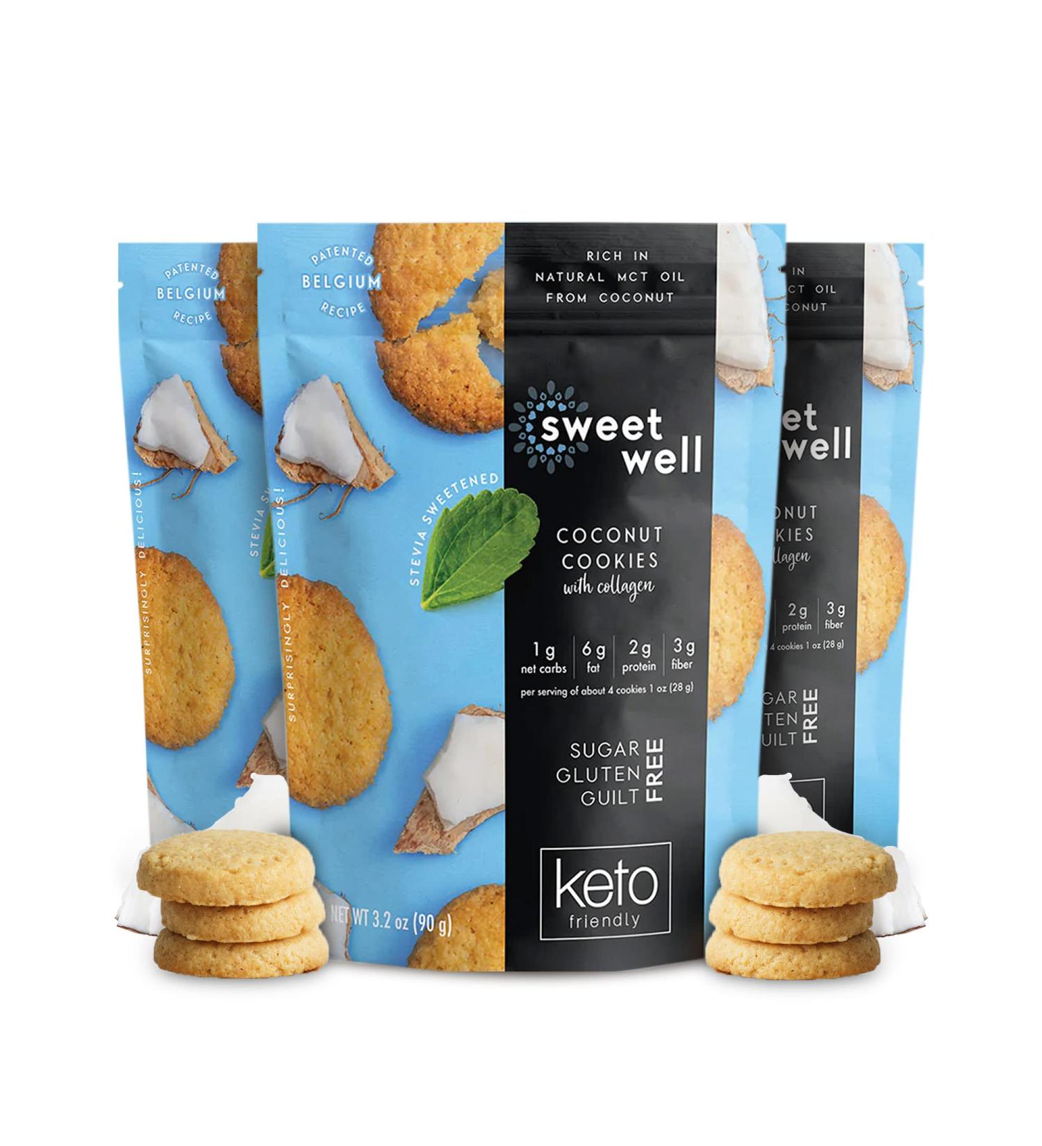 Sweetwell Coconut Cookies - Low Carb, Keto, Gluten-Free Snack with Real Ingredients, Stevia Sweetener, Collagen - Sugar-Free 3.2 oz (Pack of 3) - Buy Online on SooperMarket.com
