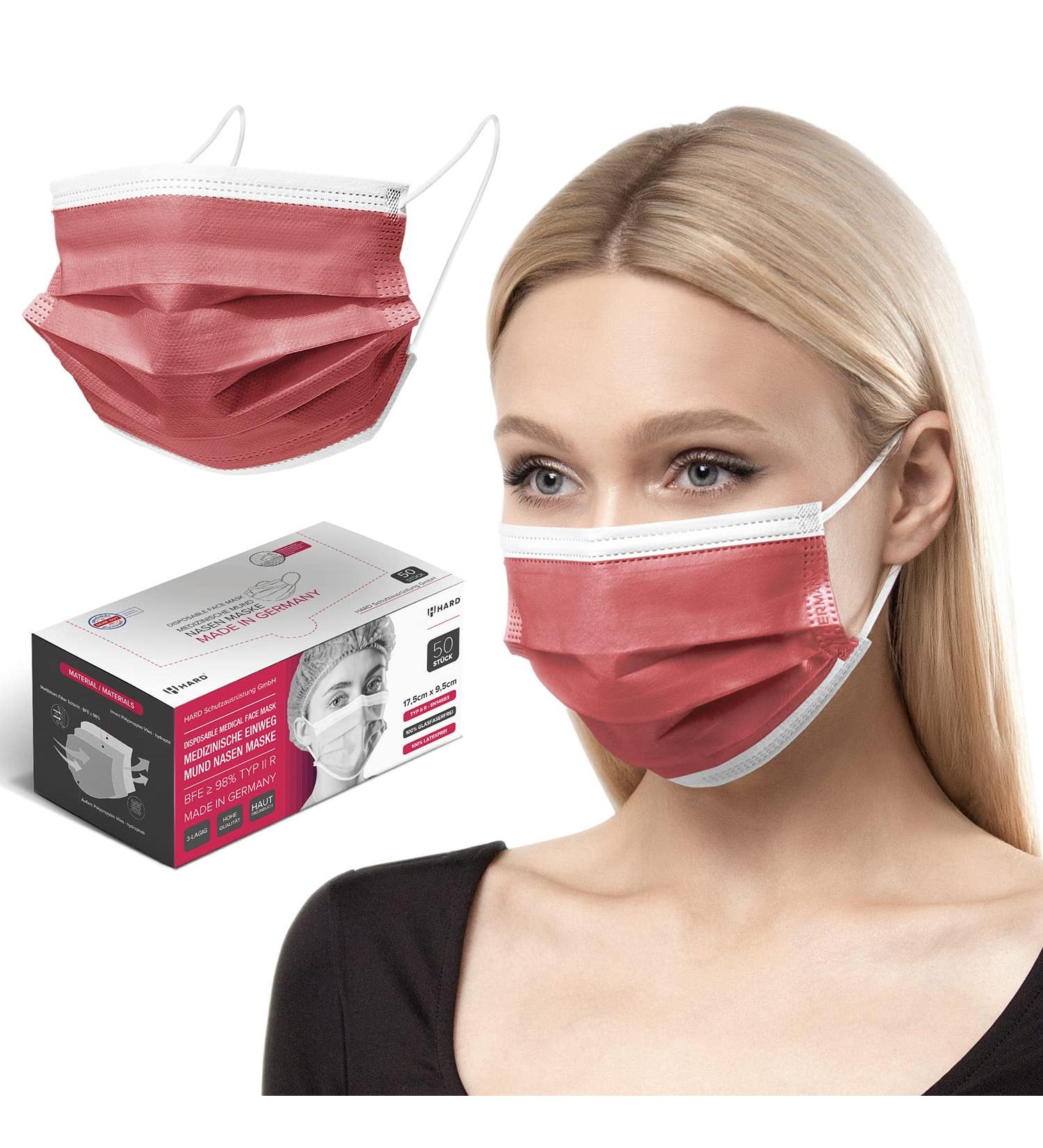 50x Medical Face Masks - Made in Germany CE Certified Type IIR 99.78% BFE One-Way Protection Adult Size Red - Buy Online on SooperMarket.com