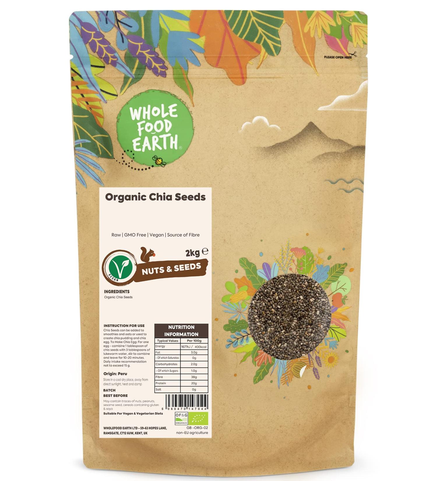 Wholefood Earth Organic Chia Seeds 2kg - Raw, GMO Free, Vegan, High Fibre | Certified Organic - Buy Online on SooperMarket.com