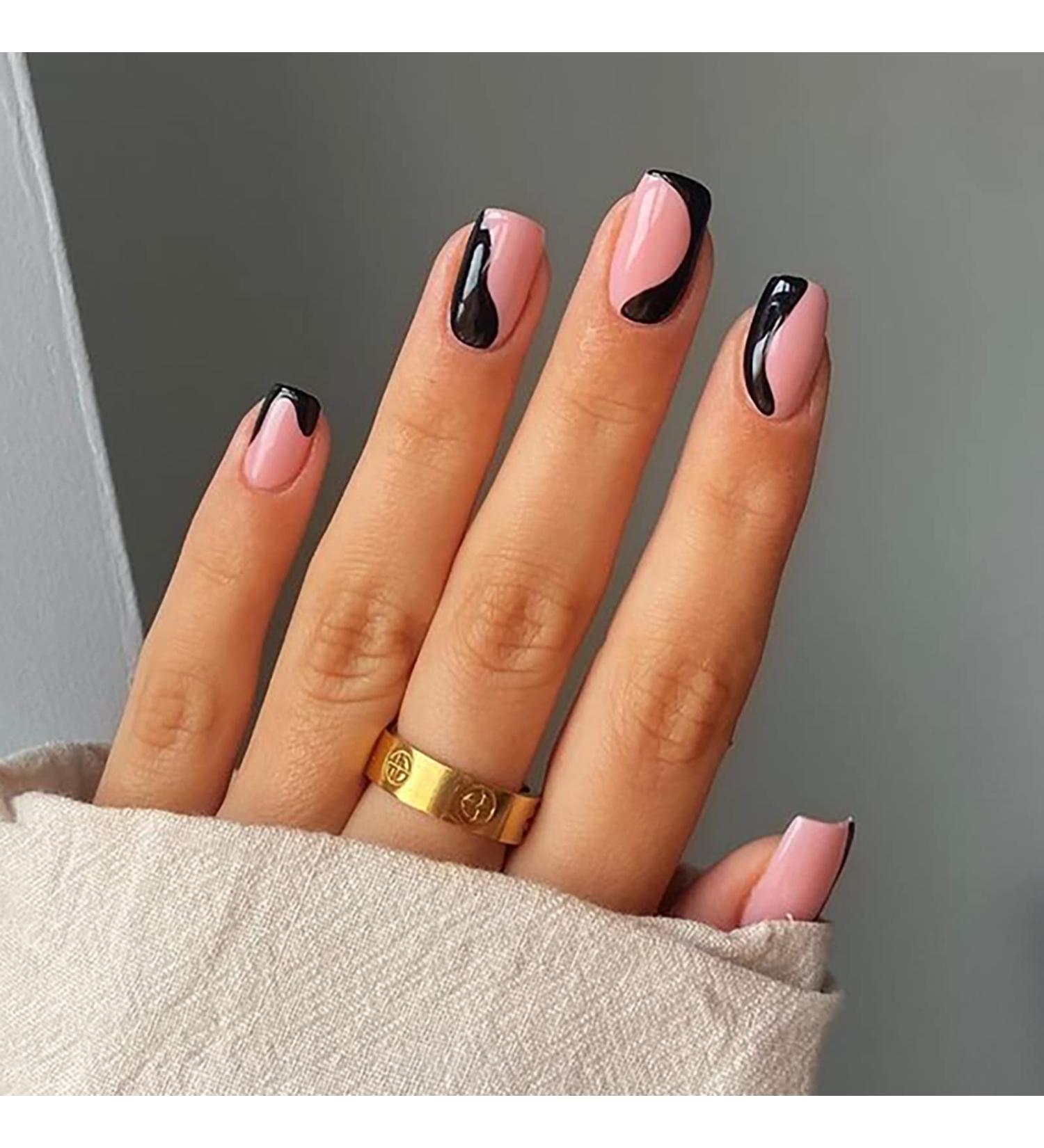 24 Pcs Short Coffin Press On Nails - Black Graffiti Acrylic Fake Nails with Glue for Women & Girls - Buy Online on SooperMarket.com
