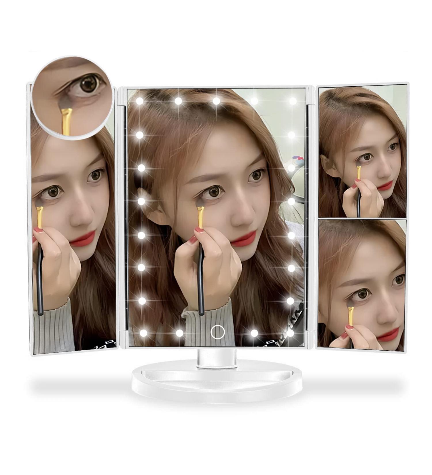 Lighted Trifold Makeup Mirror with 10X Magnification - Touch Control, Dual Power Supply - Portable LED Vanity Mirror for Women - White - Buy Online on SooperMarket.com