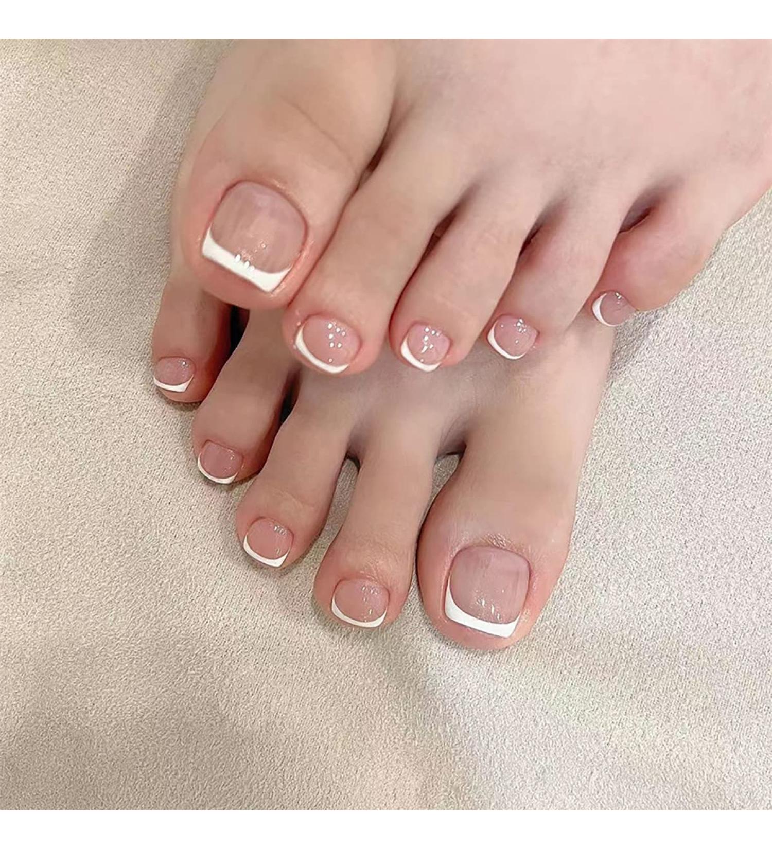 French White Square Short Full Cover Fake Toe Nails 24PCS - Toe Nails with Glue Sticker and File - False Gel Toe Nails Tips for Women, Teens, Girls - Buy Online on SooperMarket.com