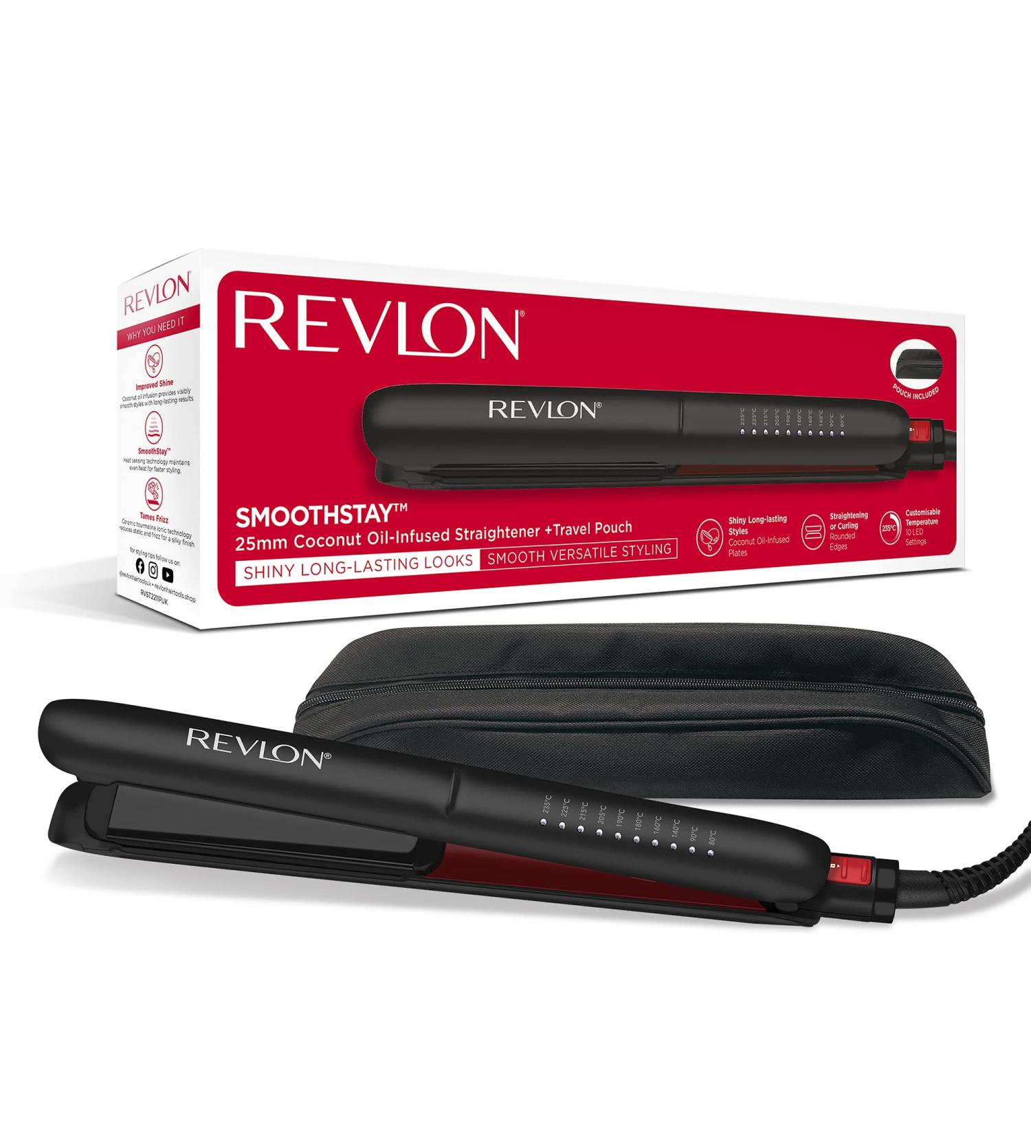 Revlon Smoothstay Coconut Oil-Infused Hair Straightener | Triple-Coated Ceramic Plates | 25mm Floating Plates | Customizable Temperature up to 235 C | RVST2211P - Buy Online on SooperMarket.com