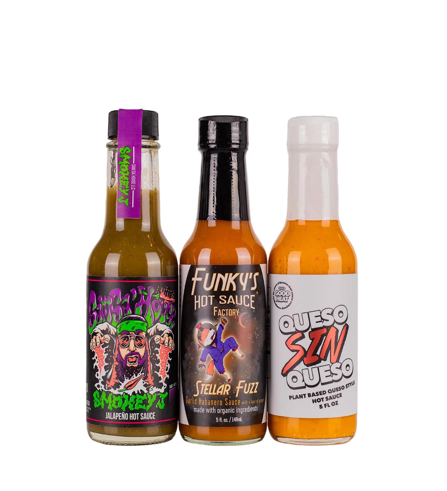 Hot Ones Season 23 Warmup Pack  Hot Sauce Pack With Smokey J  Stellar Fuzz Hot Sauce & Queso Sin Queso  Made With All Natural Ingredients  5 fl oz Bottles (3-Pack) - Buy Online on SooperMarket.com