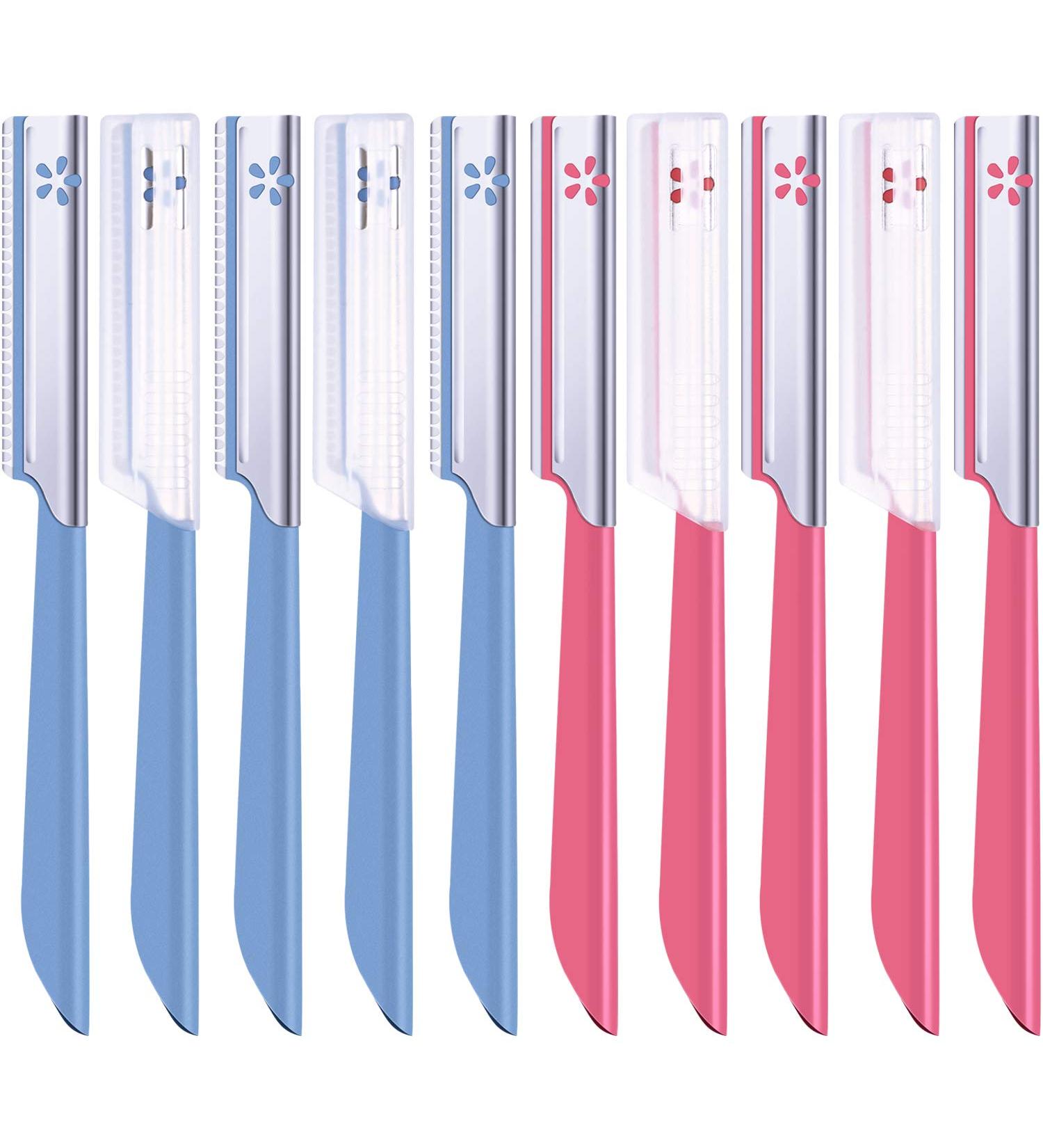 10-Piece Eyebrow Razor Set for Women - Facial Shaver & Brow Shaper Trimmer Dermaplaner Tool with Cover in Pink & Blue - Buy Online on SooperMarket.com