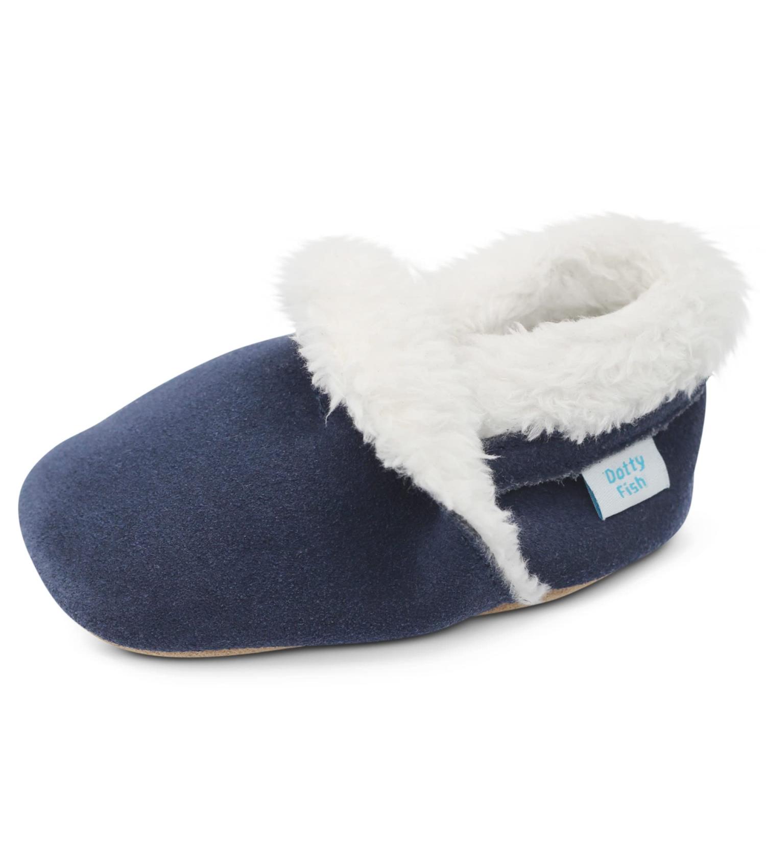 Dotty Fish Suede Baby Slippers | Warm Fleece Lined Infant Toddler Shoes | Non-Slip Soft Sole Boys Girls | Navy | 0-6 Months to 5-6 Years - Buy Online on SooperMarket.com